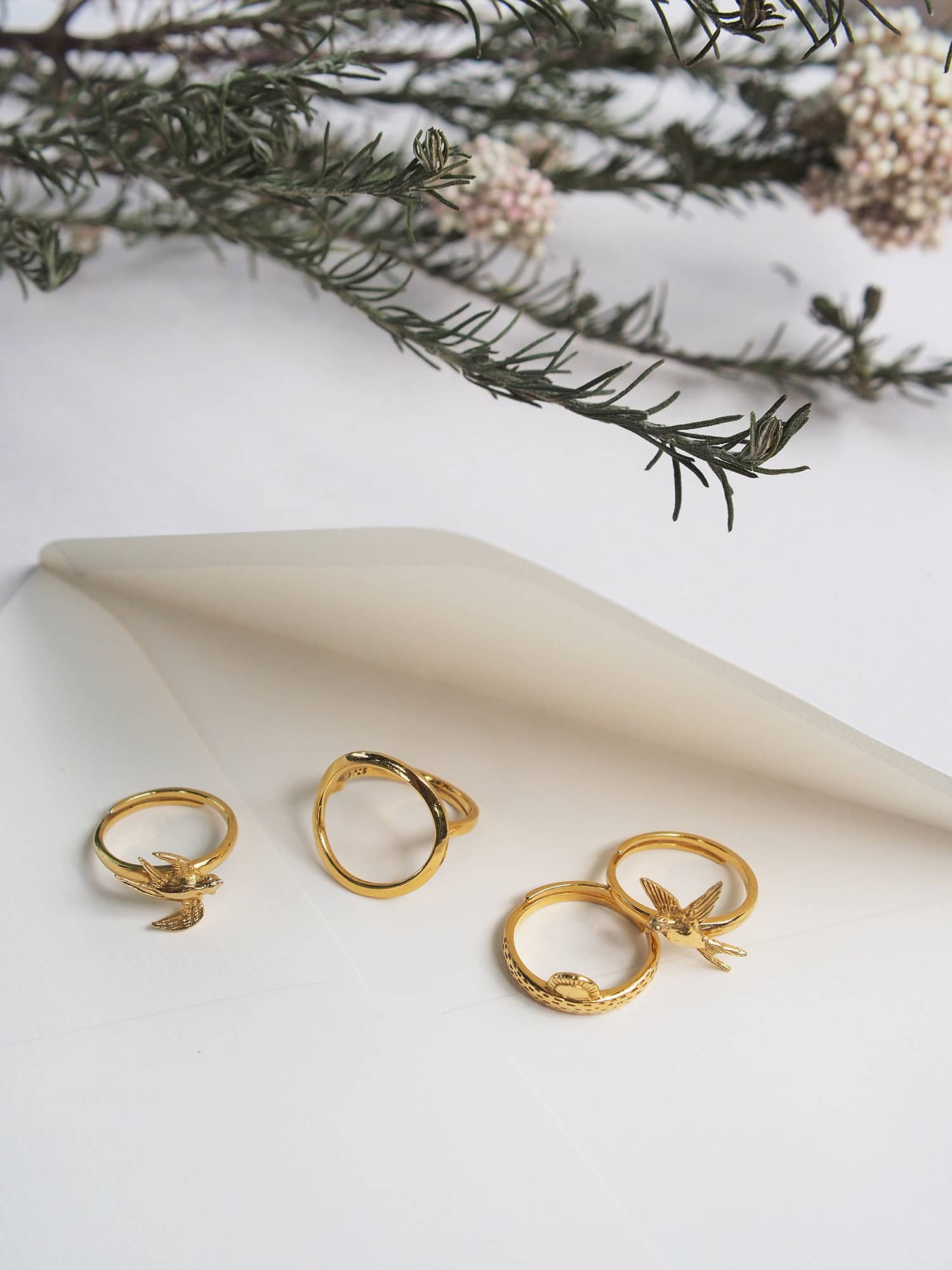 A stunning collection of gold rings featuring unique designs, including two swallow Rings, a Sun Ring, and a Round Ring, placed on a letter with the green leaves.