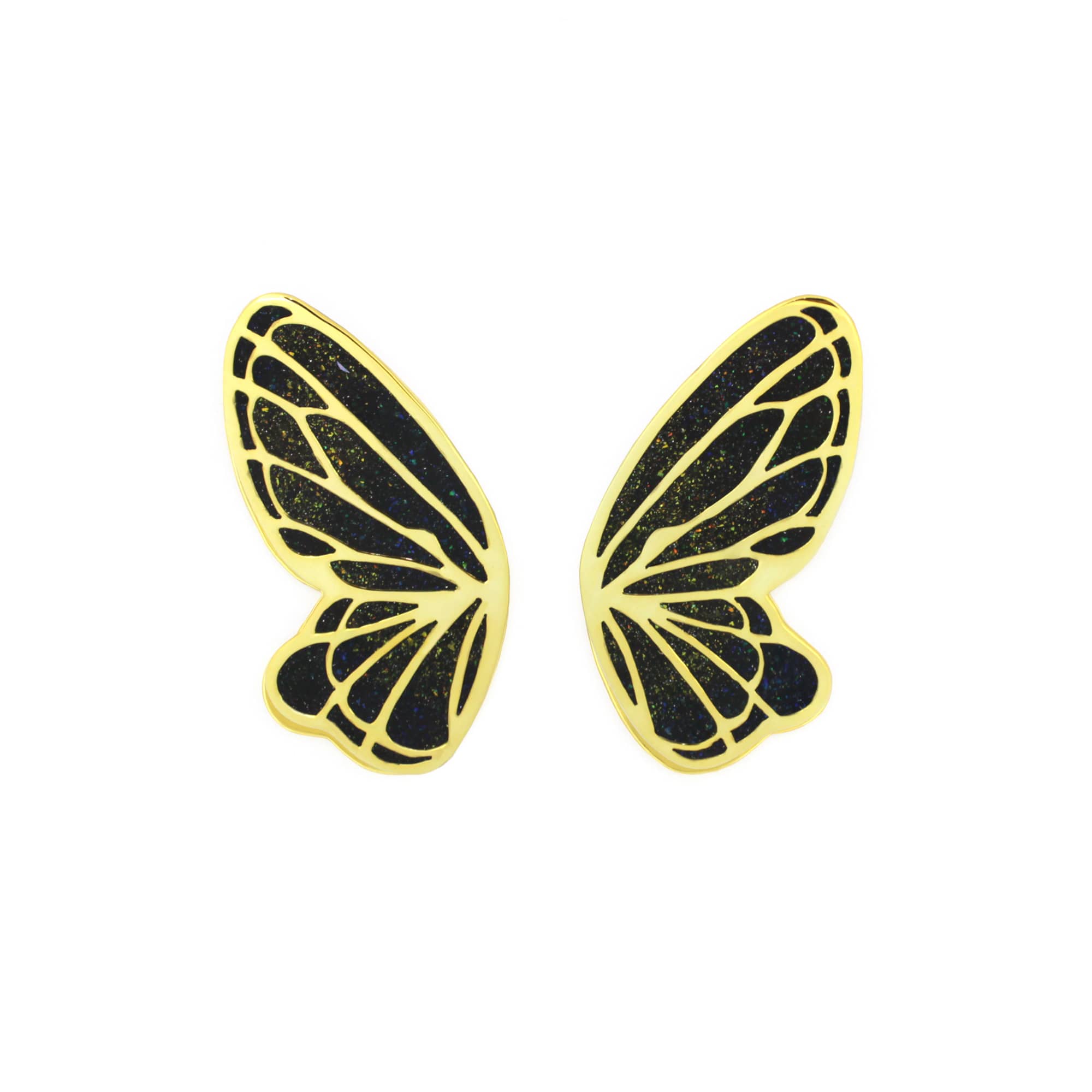 Unique butterfly-shaped enamel earrings with black and gold design.
