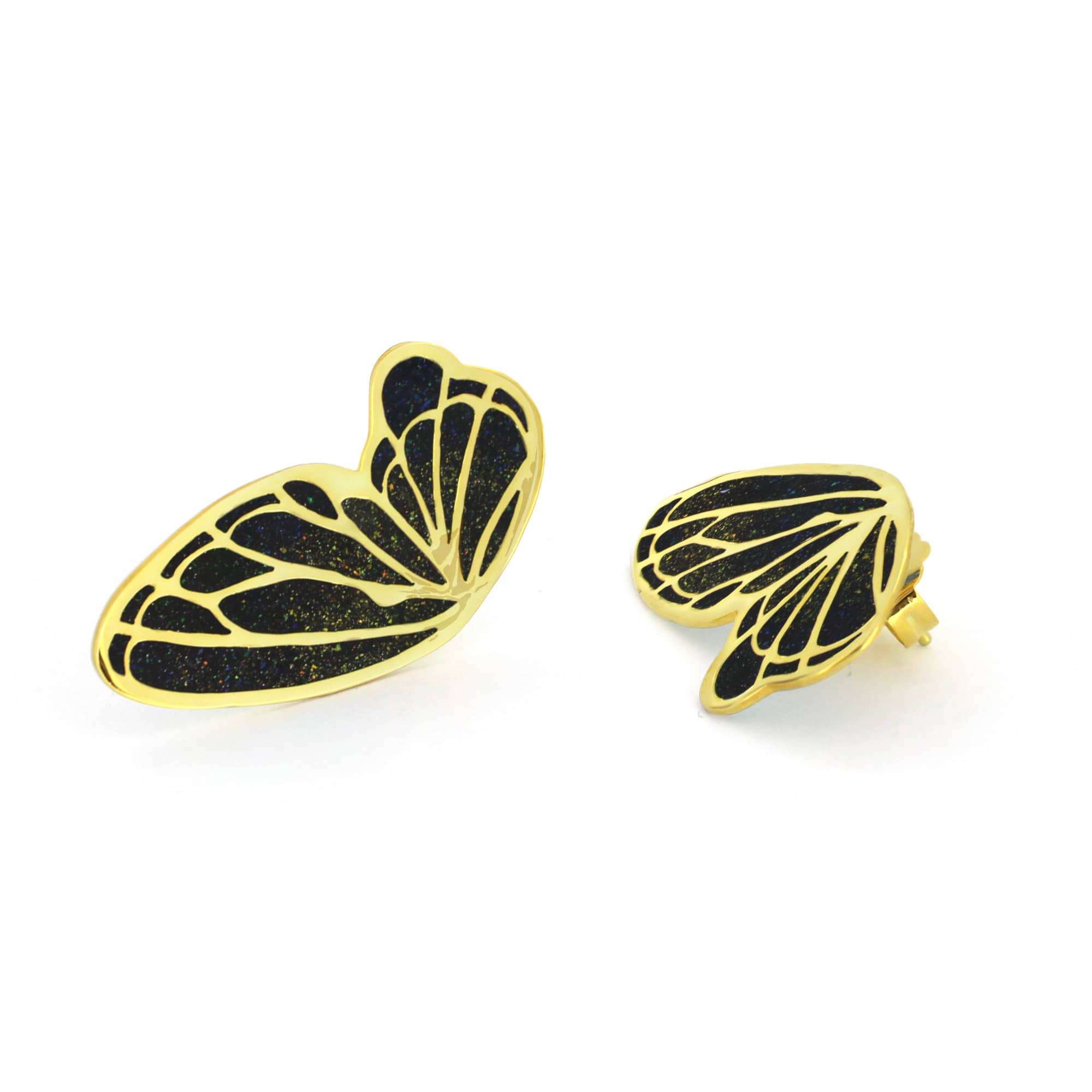 Unique butterfly-shaped enamel earrings with black and gold design.