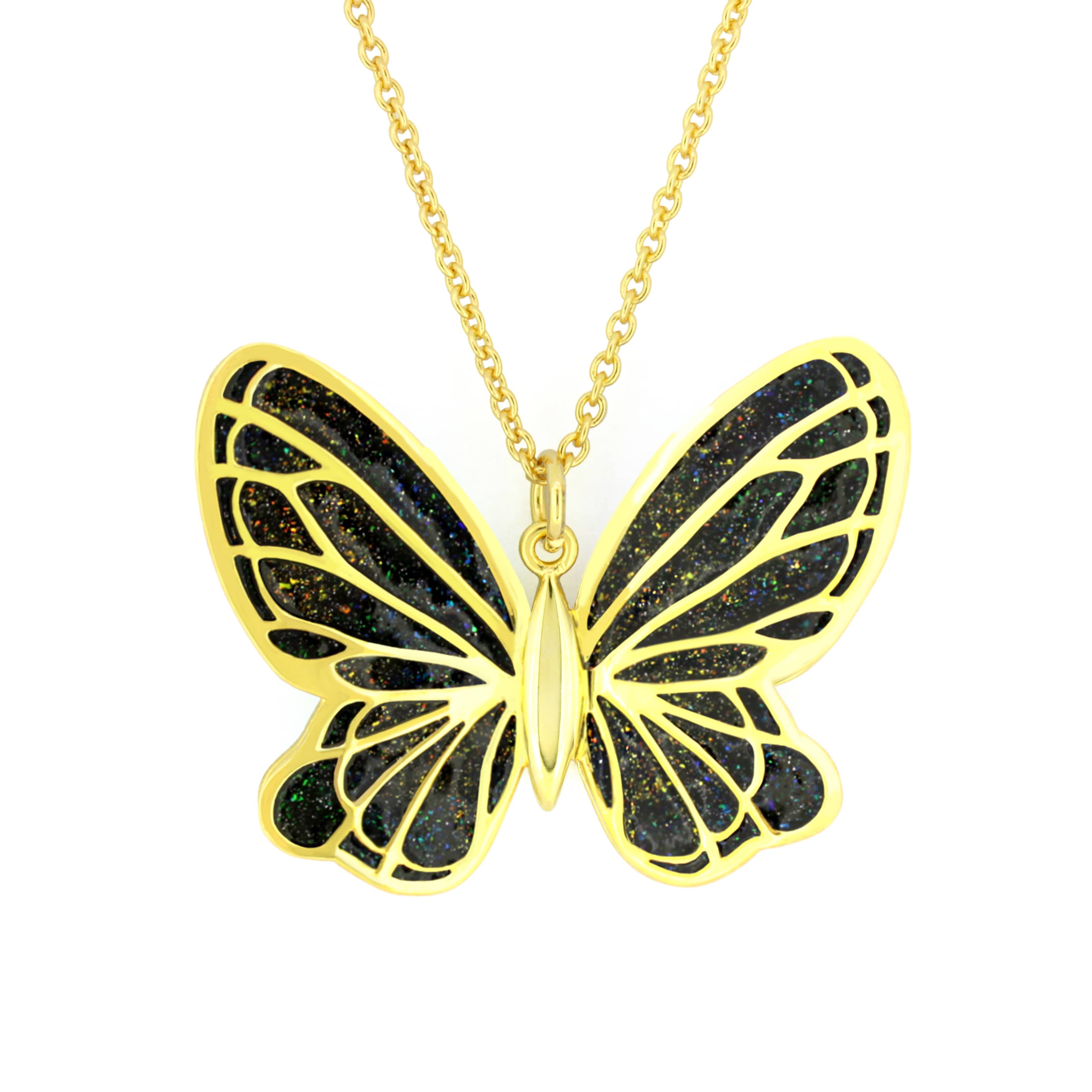 Intricate black enamel butterfly necklace design