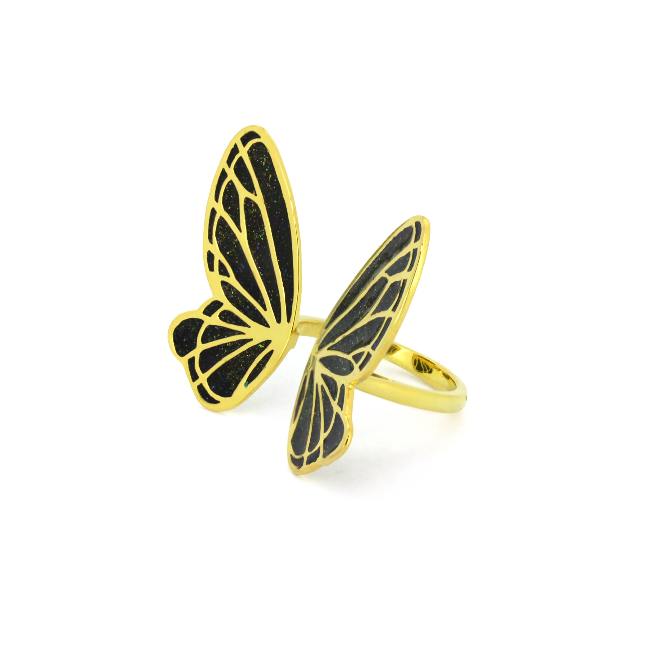 Unique butterfly ring with gold outline and black enamel