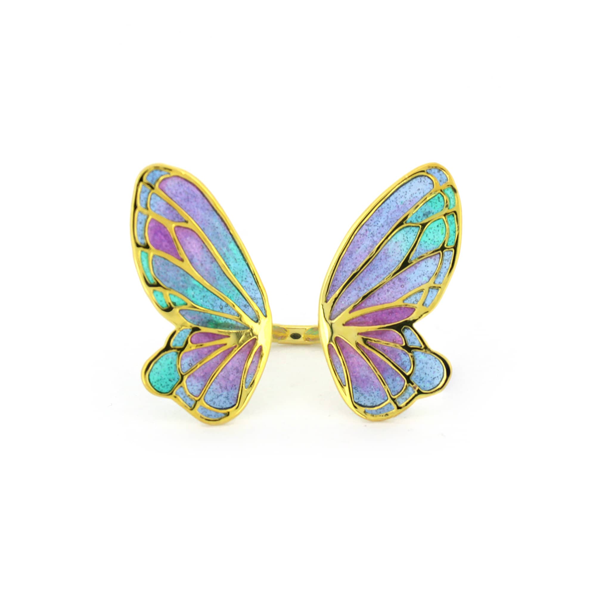 Artistic ring with pastel butterfly wing design.