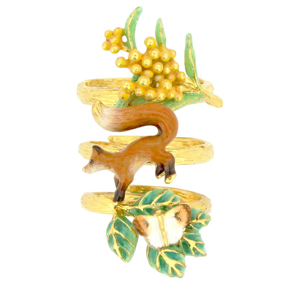 Nature-inspired stacking ring set featuring a fox, butterfly, and flower.