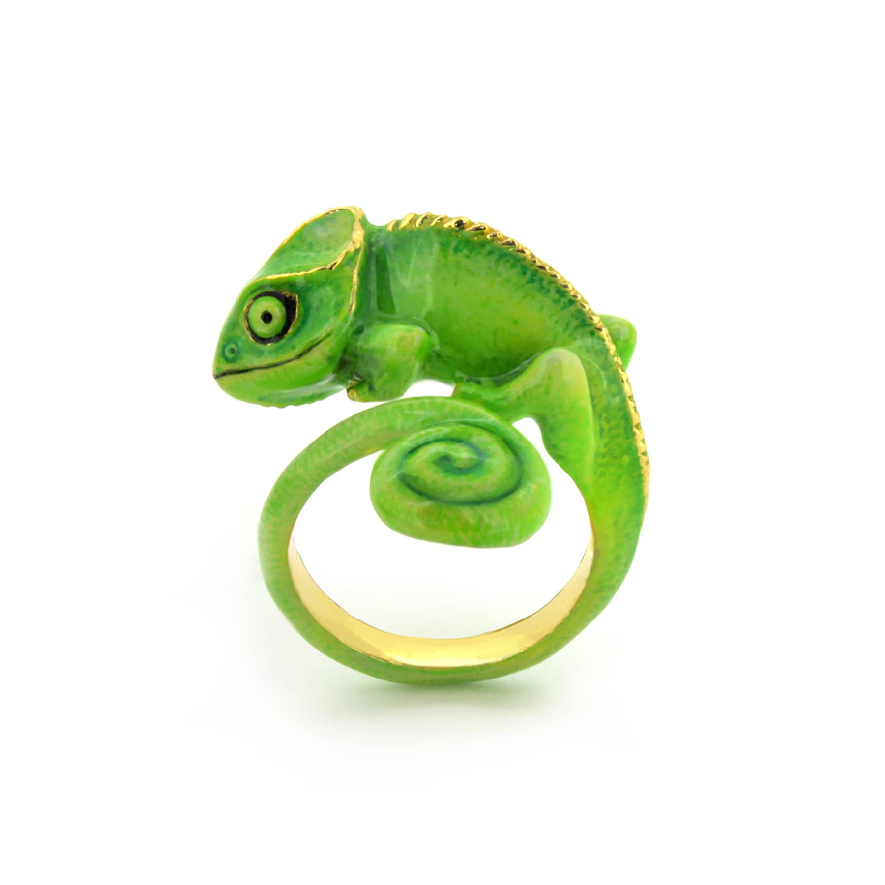 A vibrant green chameleon ring crafted with playful design, perfect for animal lovers.