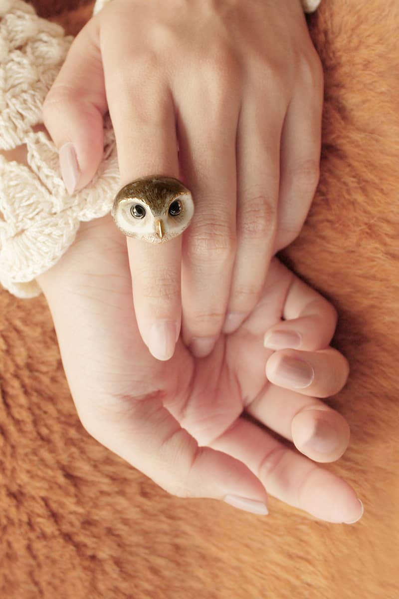 close-up of a hand wearing an owl ring on a cozy background