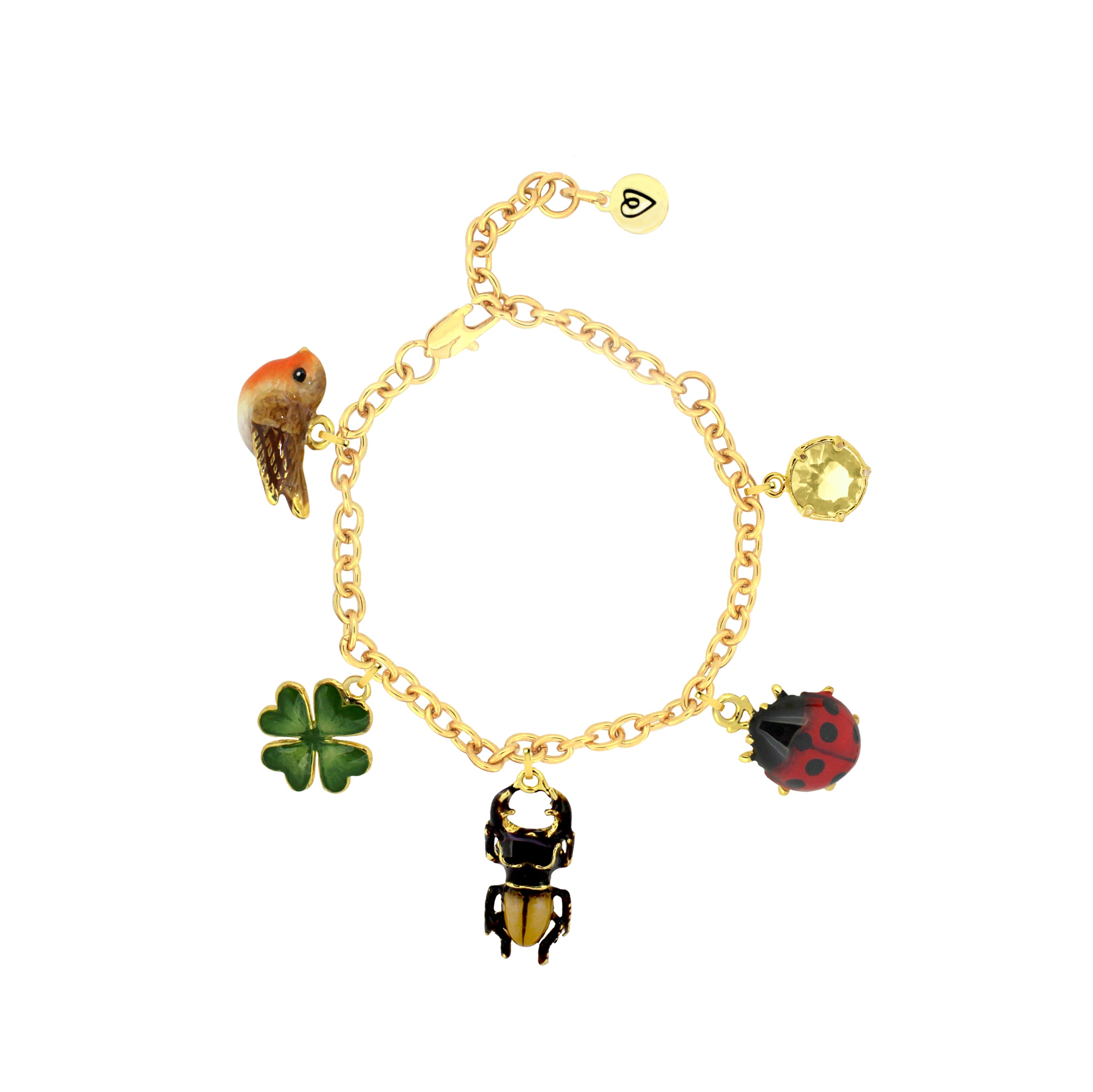 Gold charm bracelet featuring a bird, four-leaf clover, stag beetle, ladybug, and a yellow synthetic gemstone