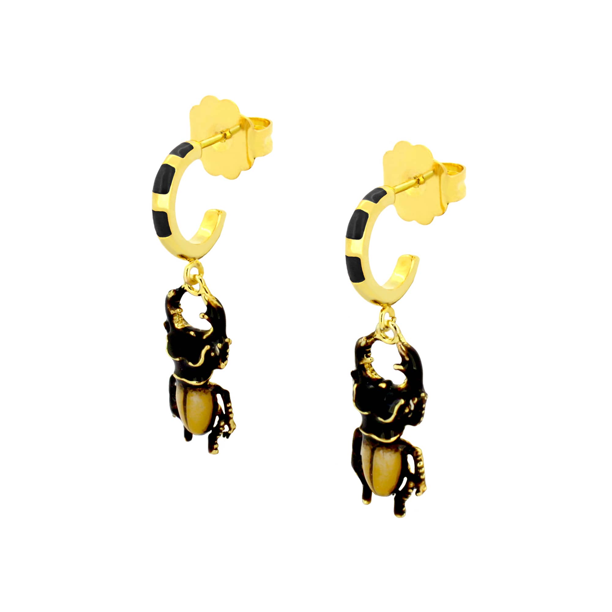 Nature-inspired earrings featuring hanging stag beetle charms.