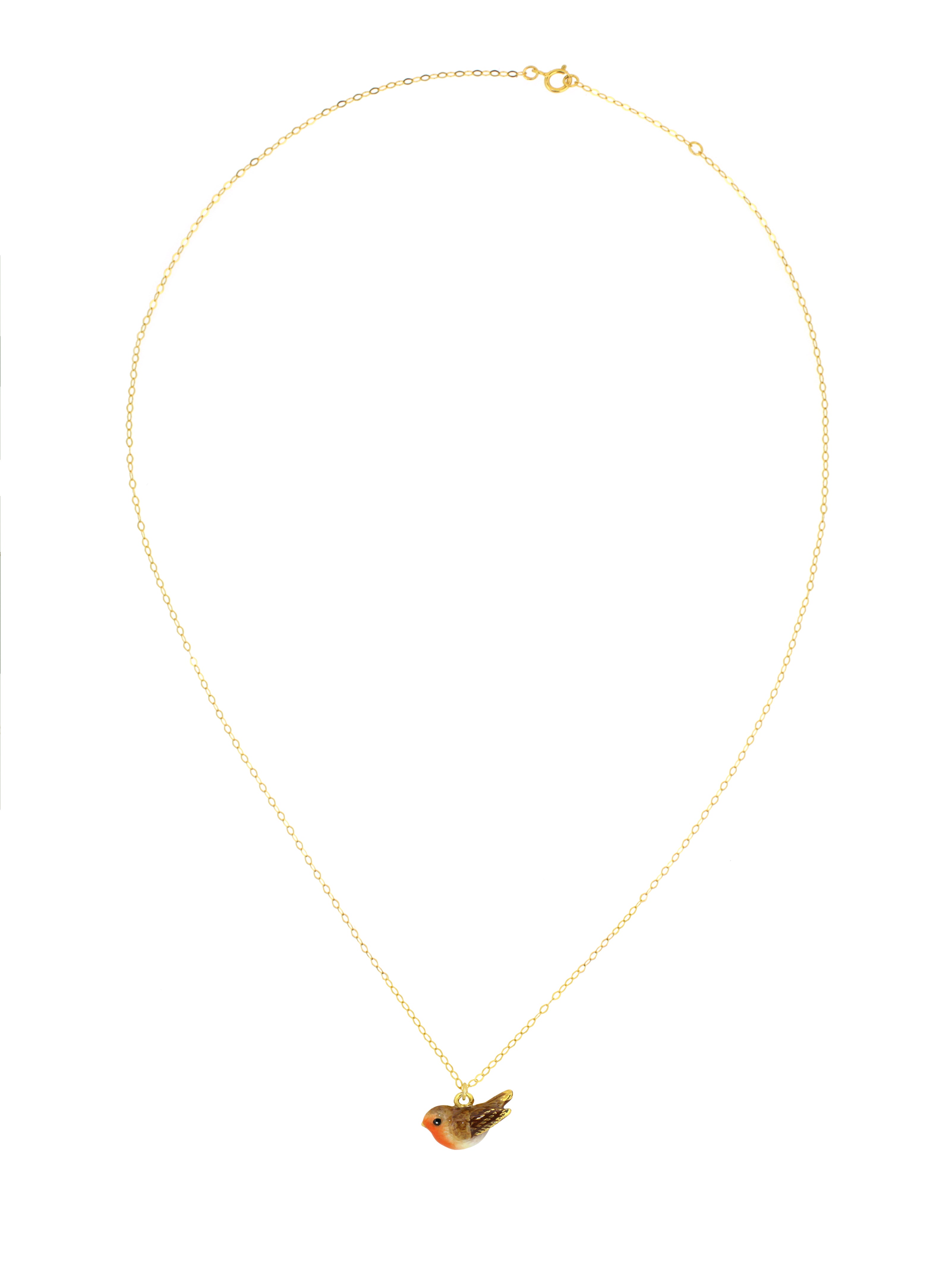 Gold necklace with small bird charms featuring orange and brown detailing.