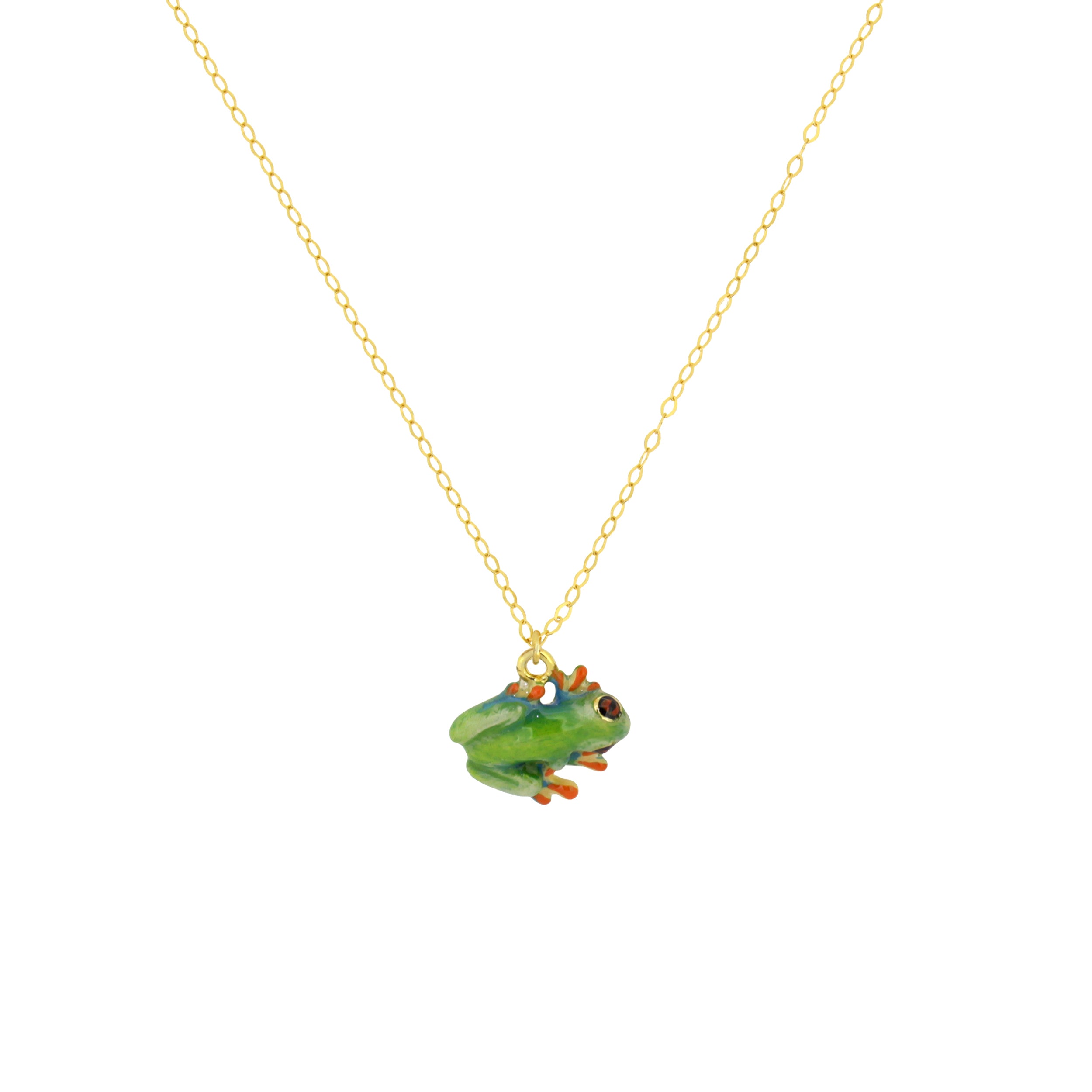 A whimsical frog pendant on a gold chain necklace.