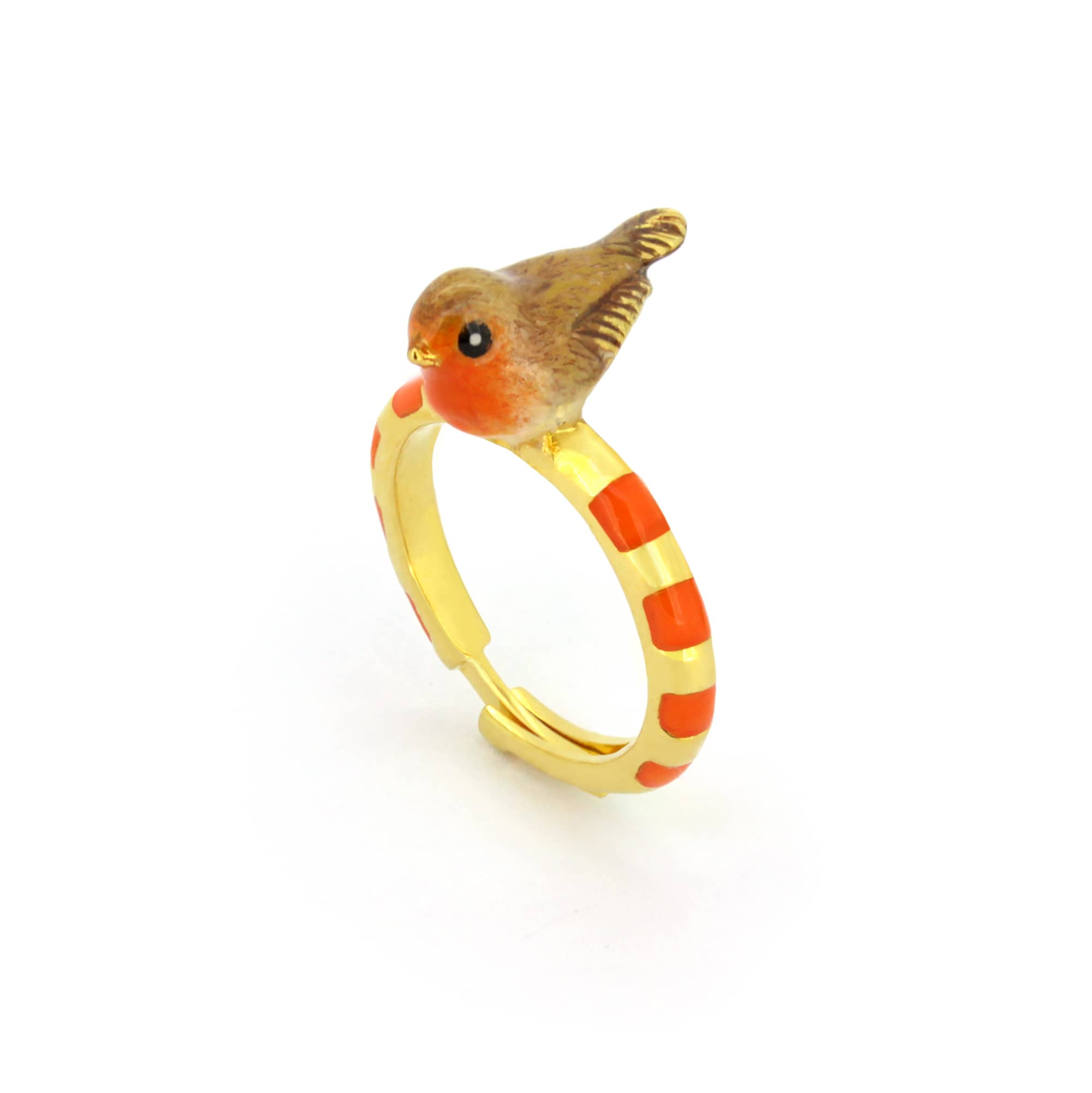 A nature-inspired ring featuring a bird and a playful striped design.