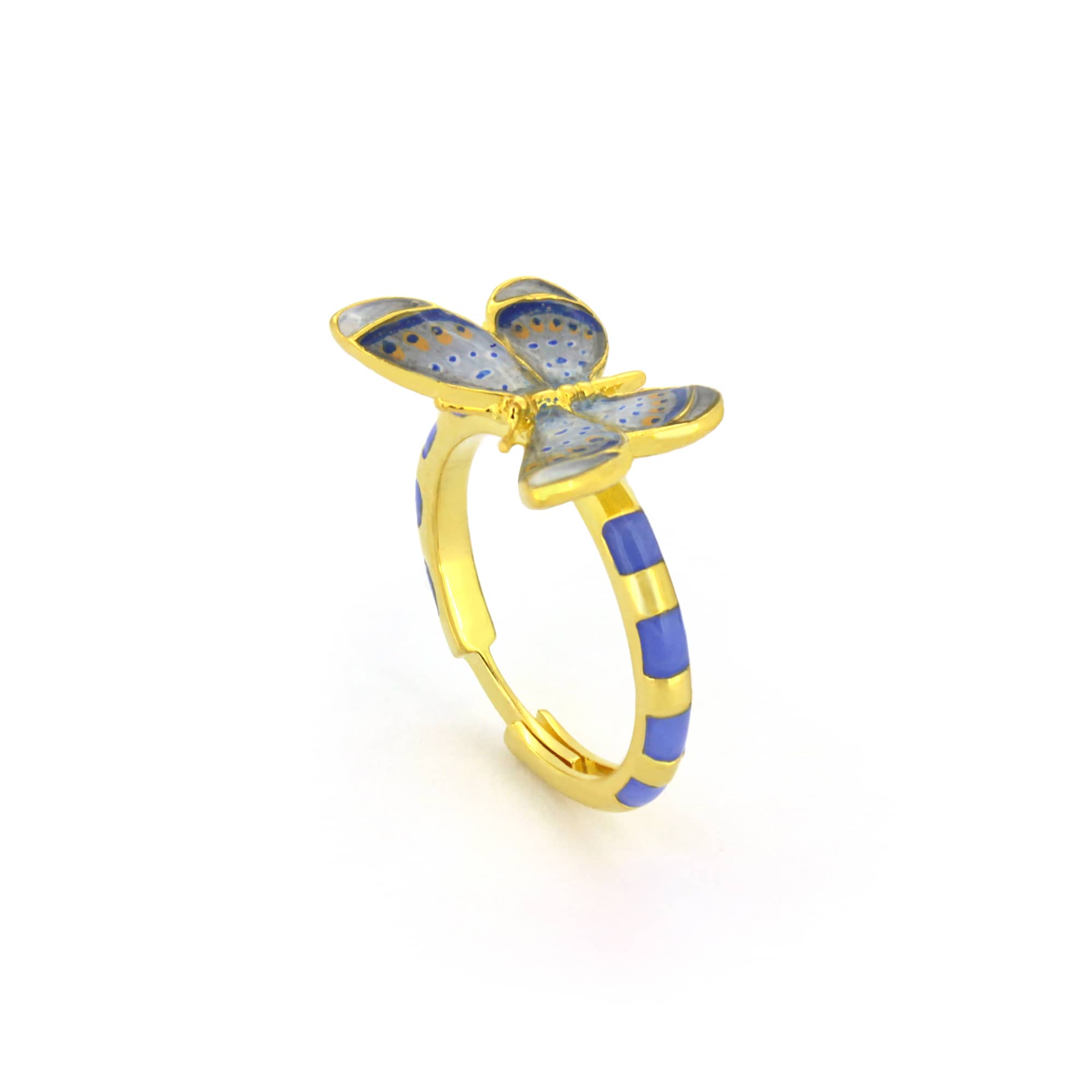 Stunning ring featuring a butterfly design a butterfly design in blue and gold.
