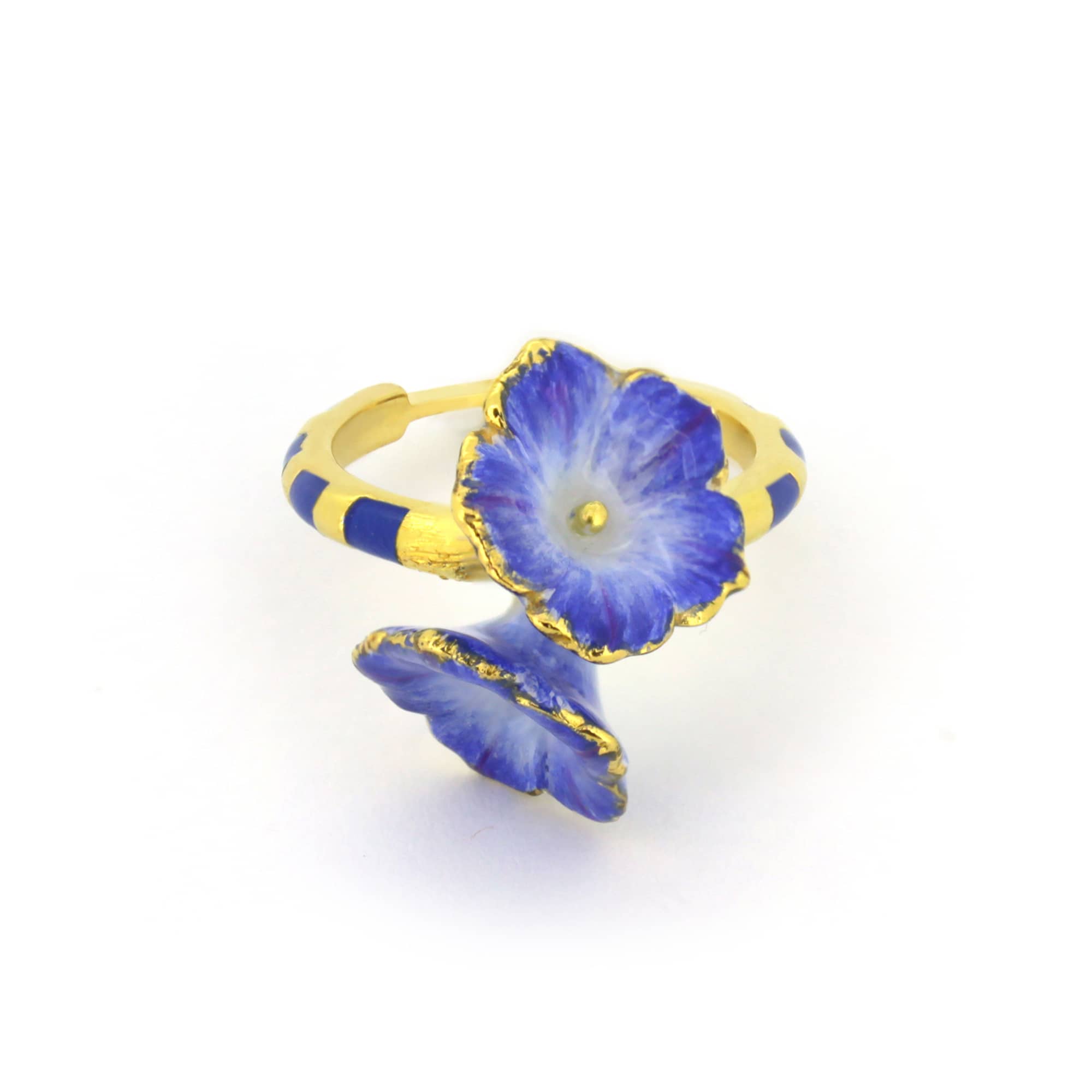 Gold ring featuring blue flower details with a striped band.