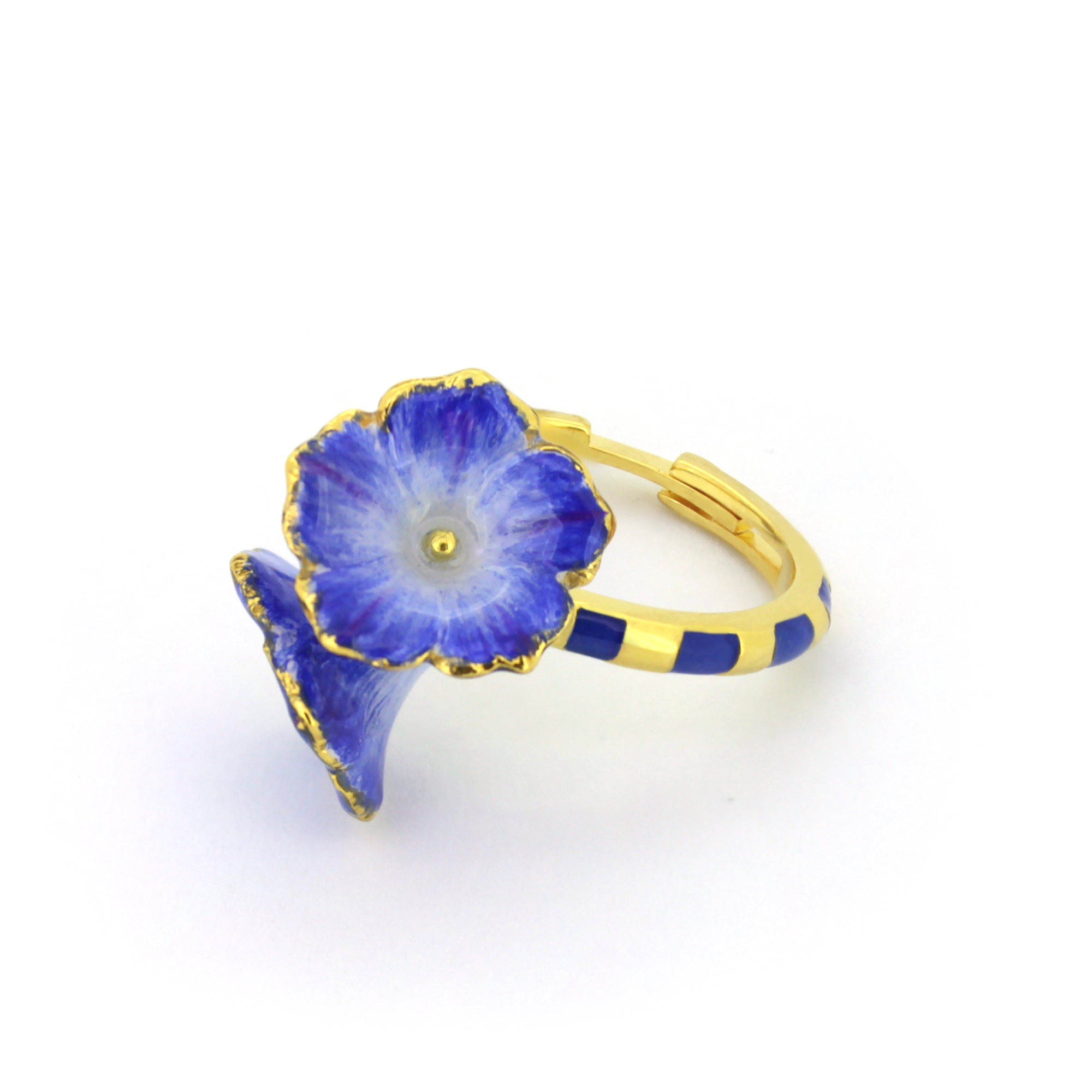 Beautifully crafted ring featuring blue flower details with a striped band.