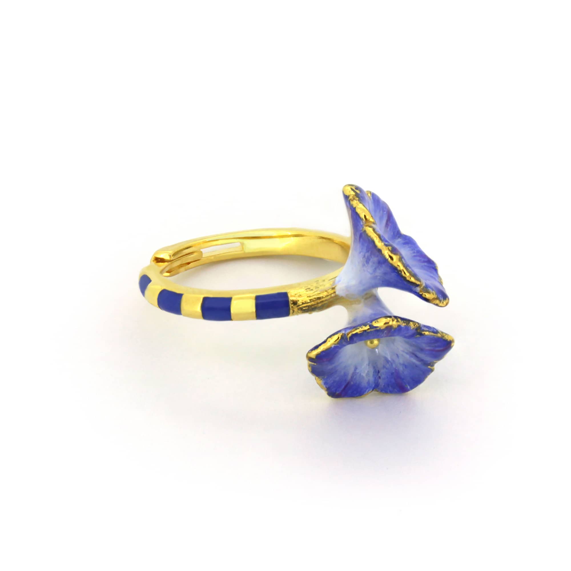 Beautifully crafted ring featuring blue flower details with a striped band.
