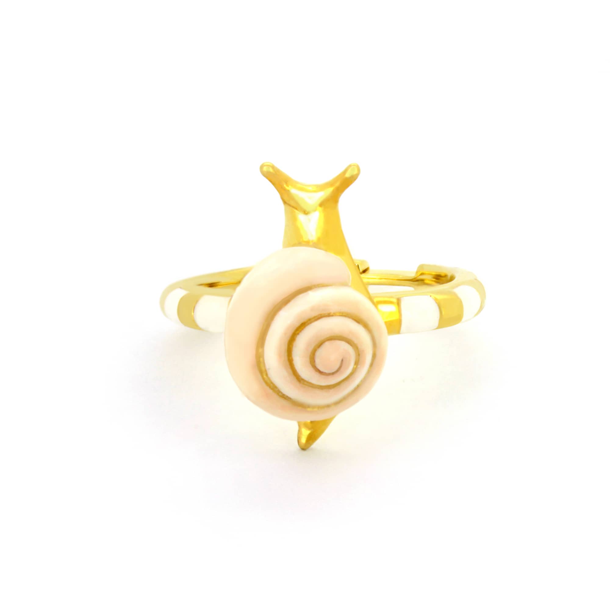 Handmade gold ring designed as a snail, featuring a light pink shell.