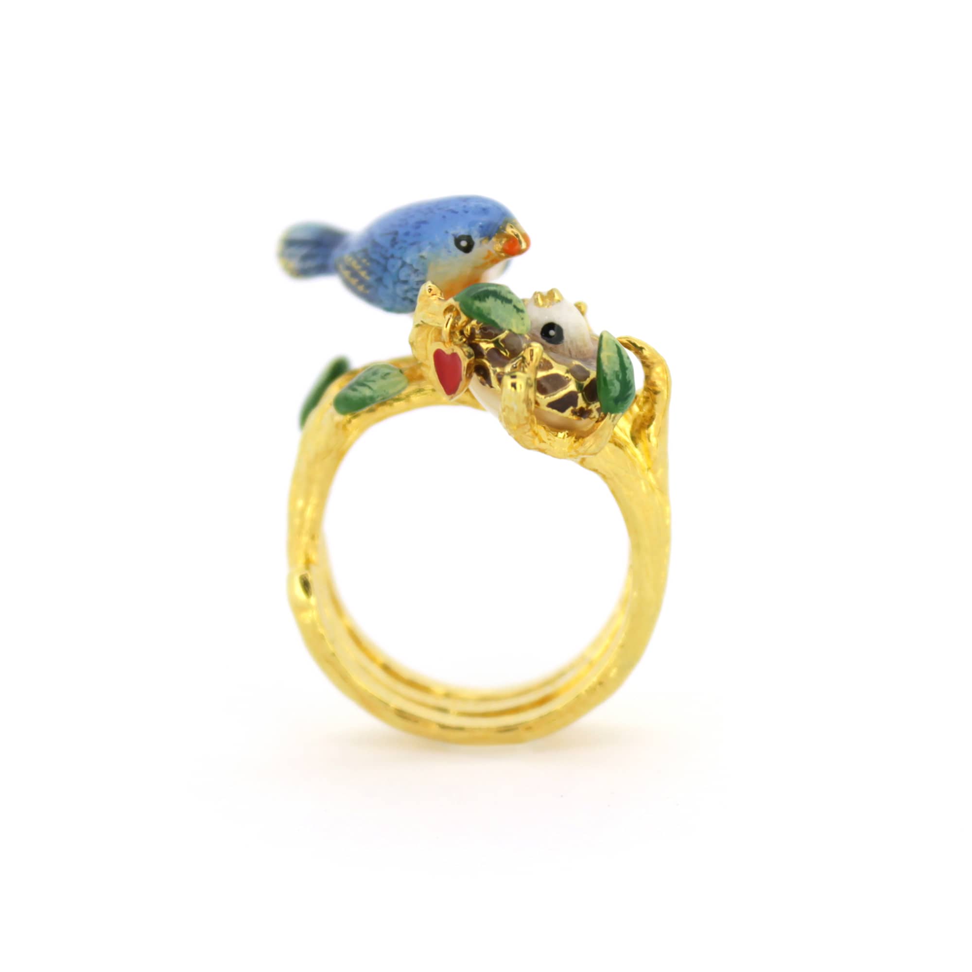 Beautifully crafted ring featuring a blue bird and baby bird in the nest design, perfect for animal lovers.