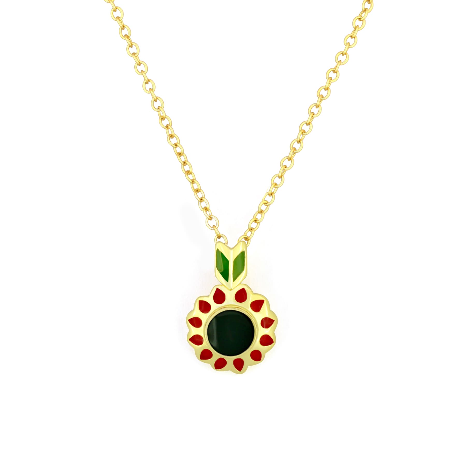 Nature-inspired autumn necklace featuring a floral design with red and green accents.