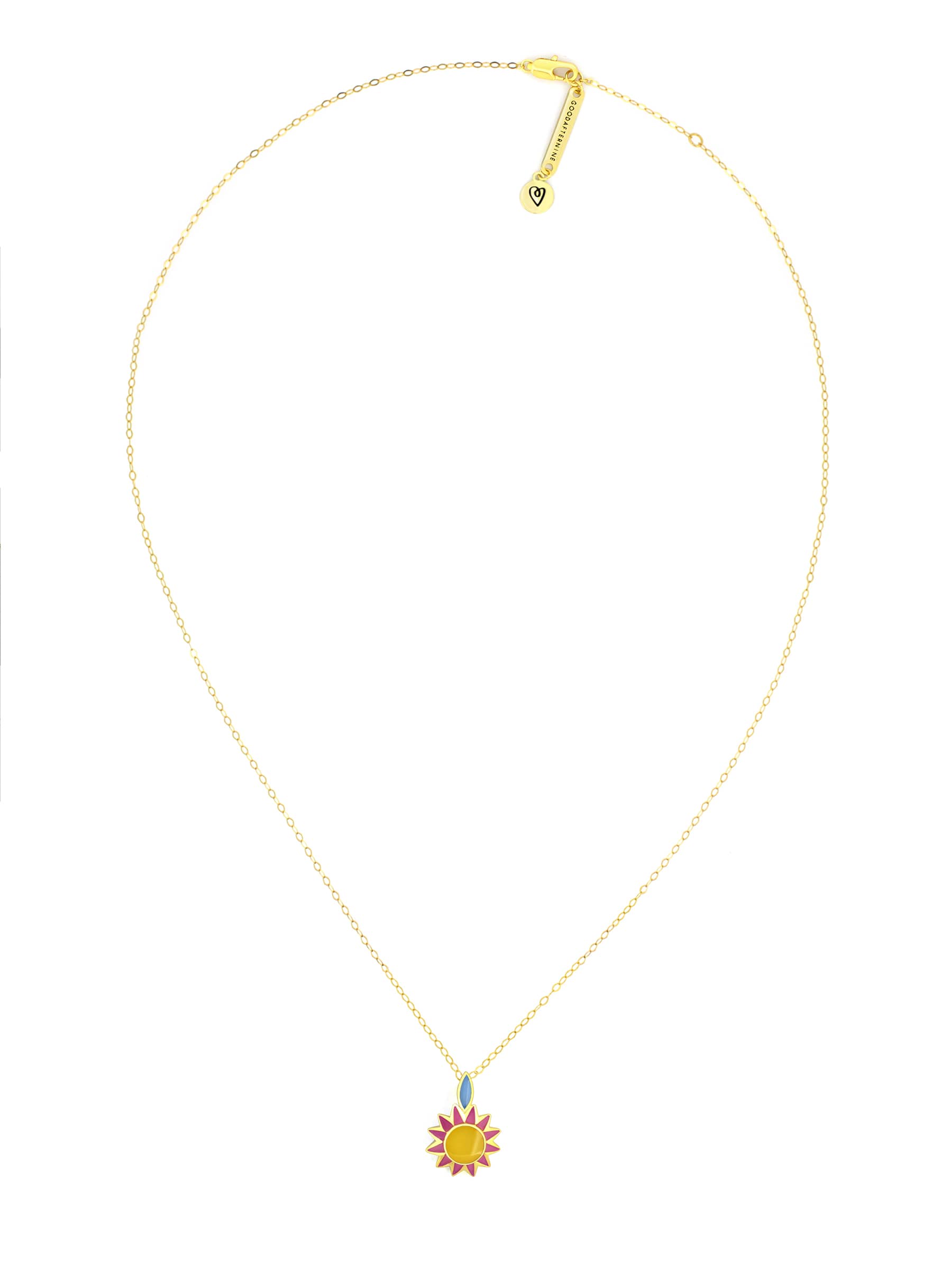 Unique gold necklace featuring unique charm with yellow, pink, and blue, inspired by summer.