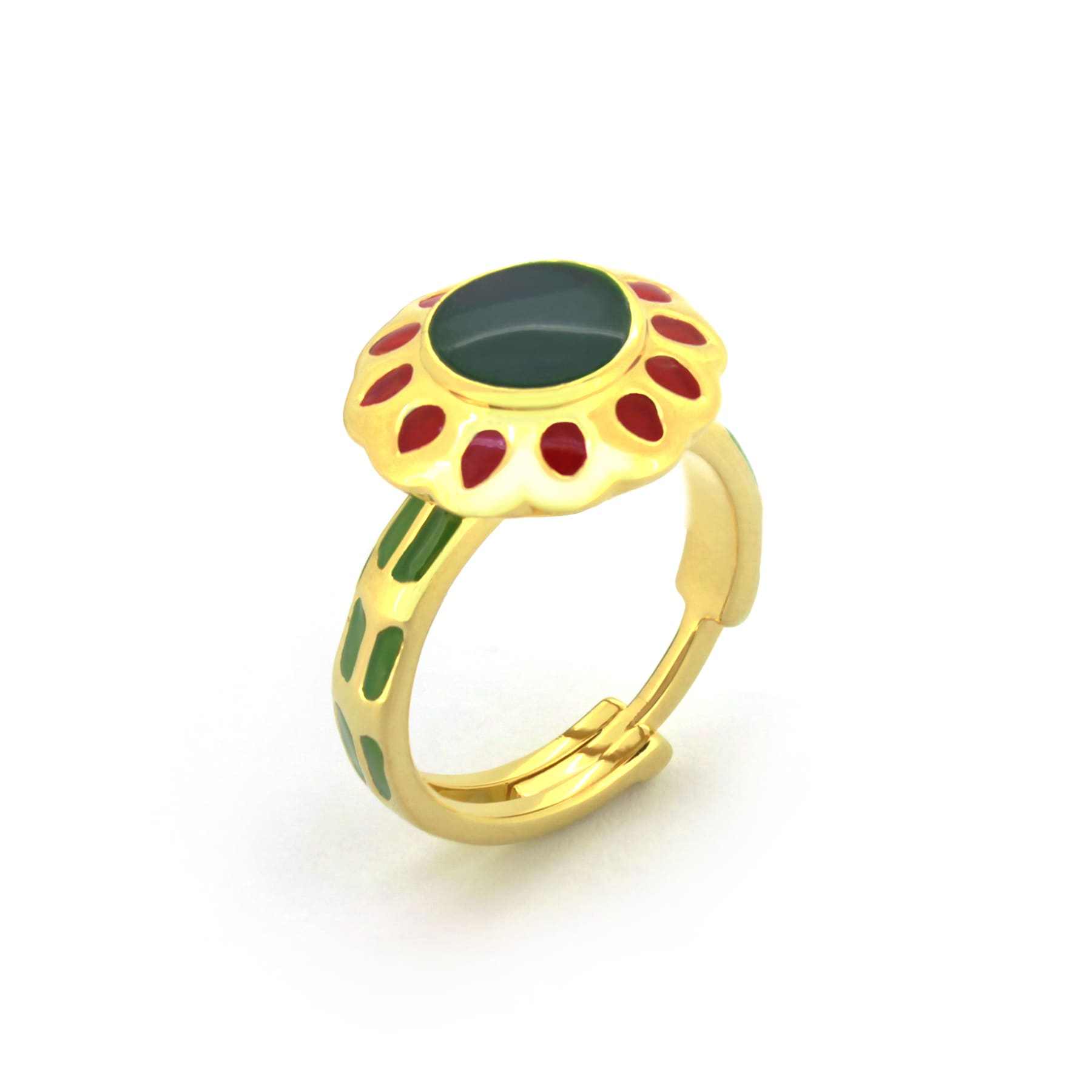 Nature-inspired autumn ring with green and red accents, perfect for seasonal fashion.