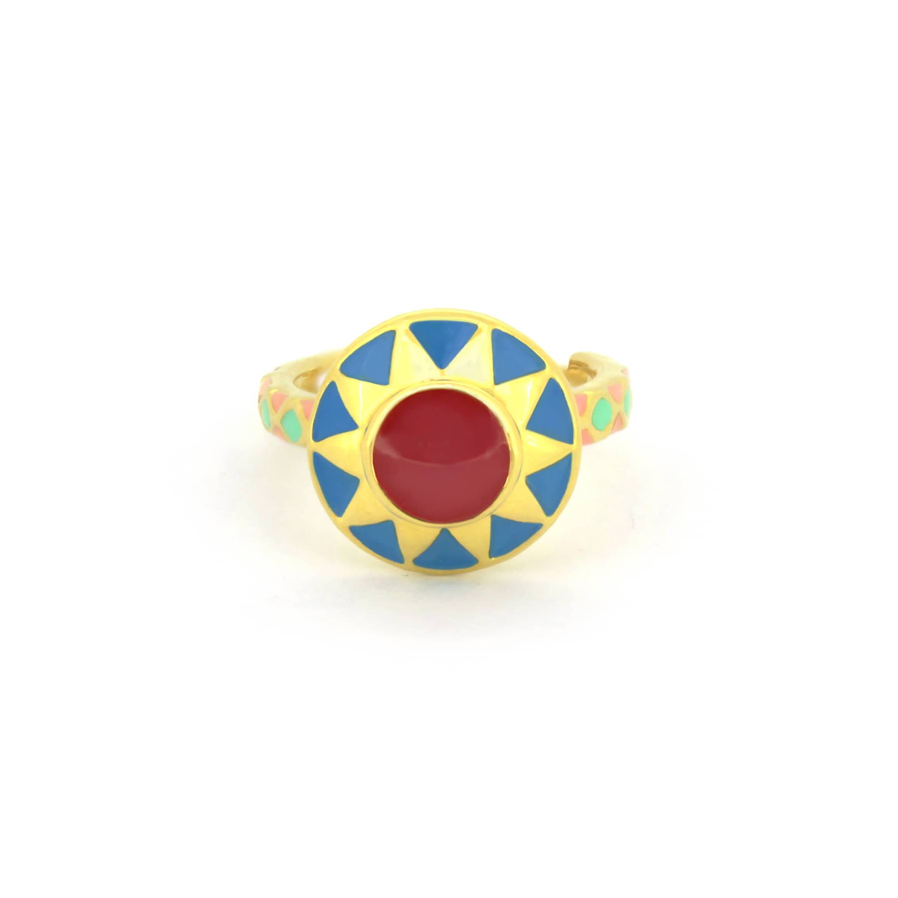 Nature-inspired spring ring with blue and red accents.