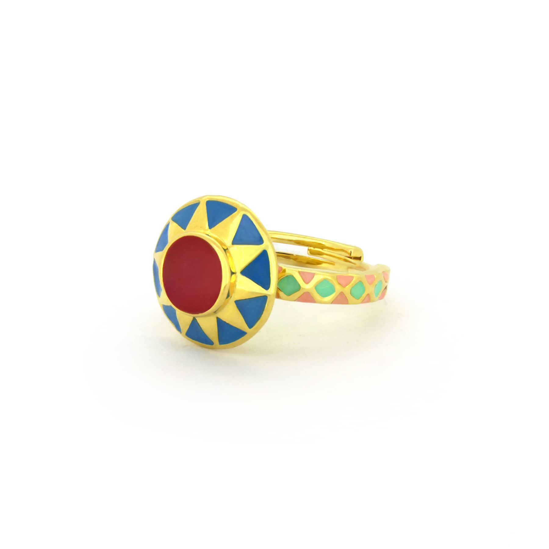 Nature-inspired spring ring with blue, red, old rose, and fresh teal accents.