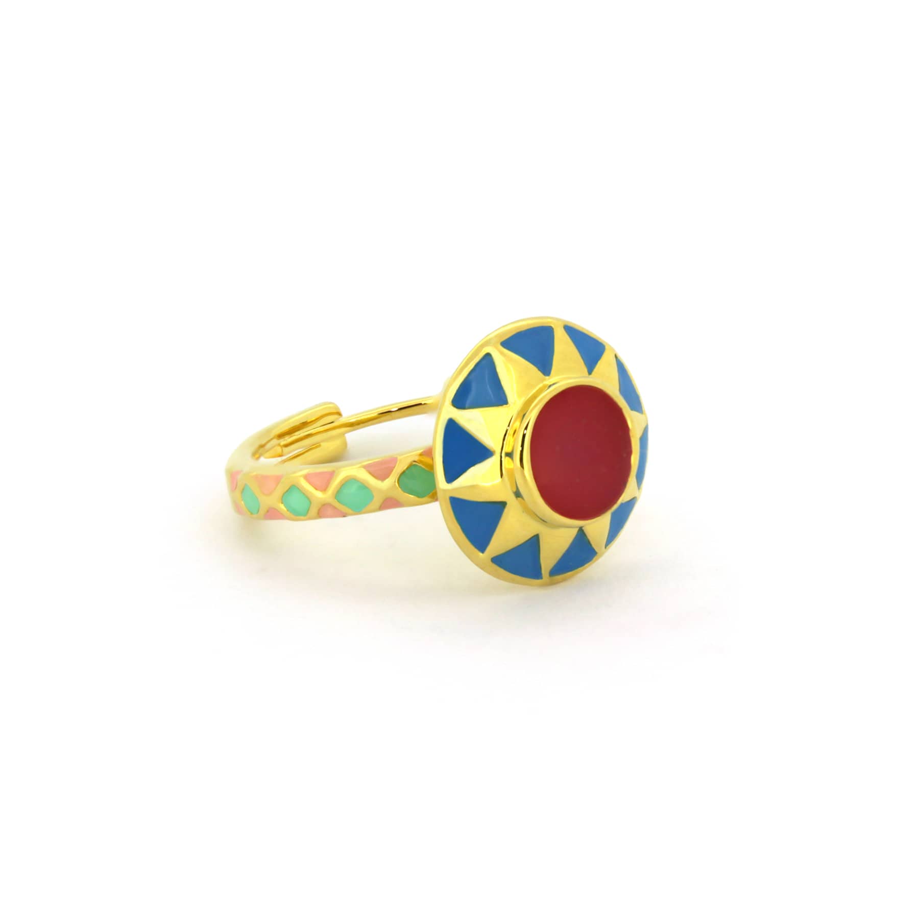 Nature-inspired spring ring with blue, red, old rose, and fresh teal accents.