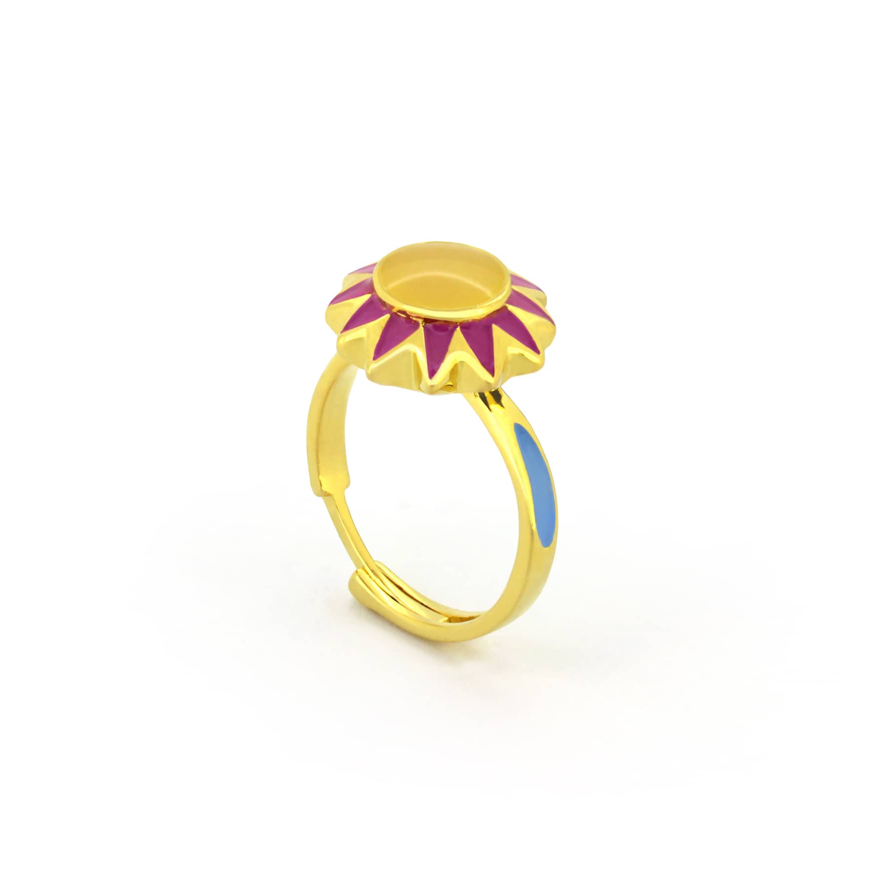Colorful ring shaped like flowers with yellow, pink, and blue accents, perfect for summer outfit.