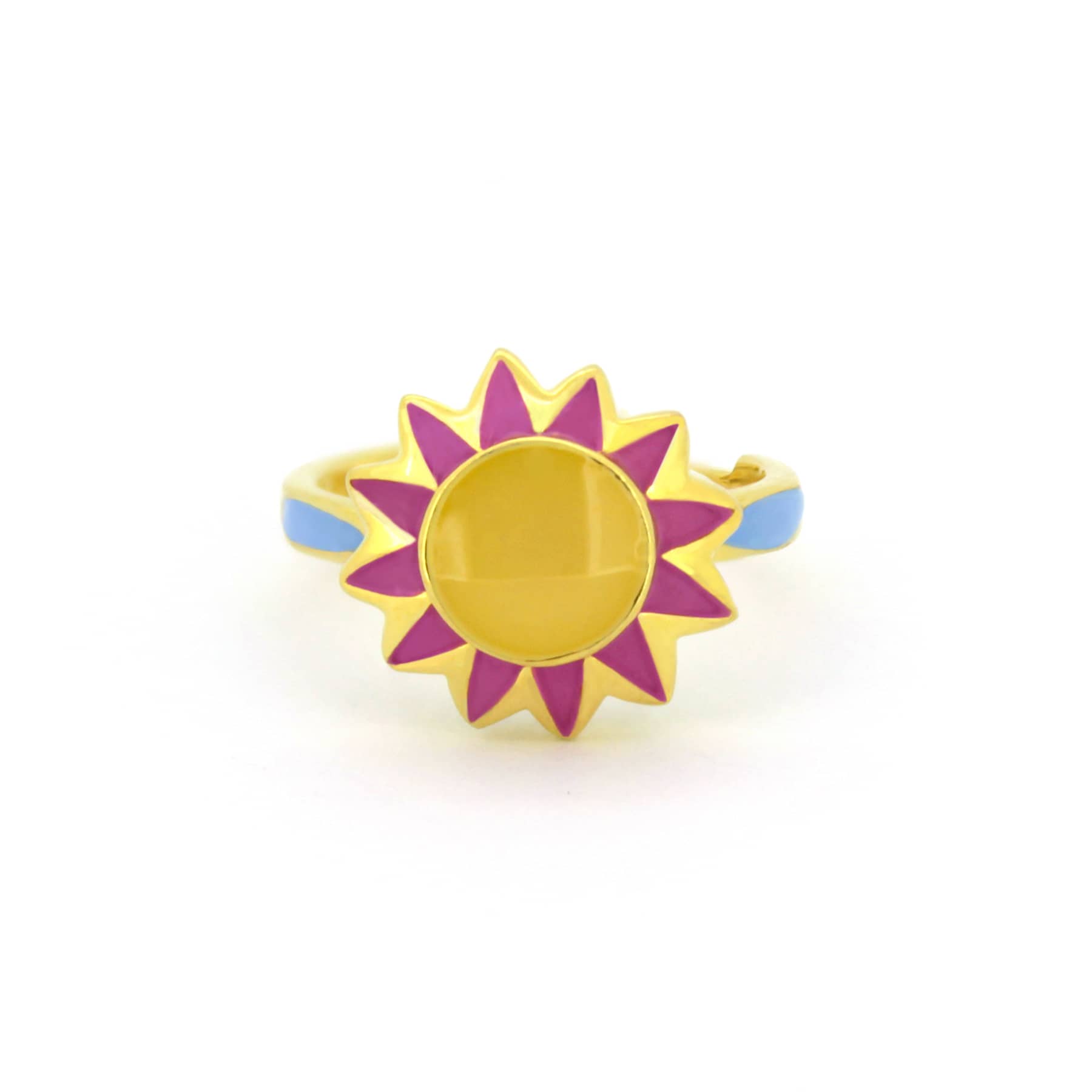 Unique ring shaped like flowers with yellow, pink, and blue accents, inspired by summer.