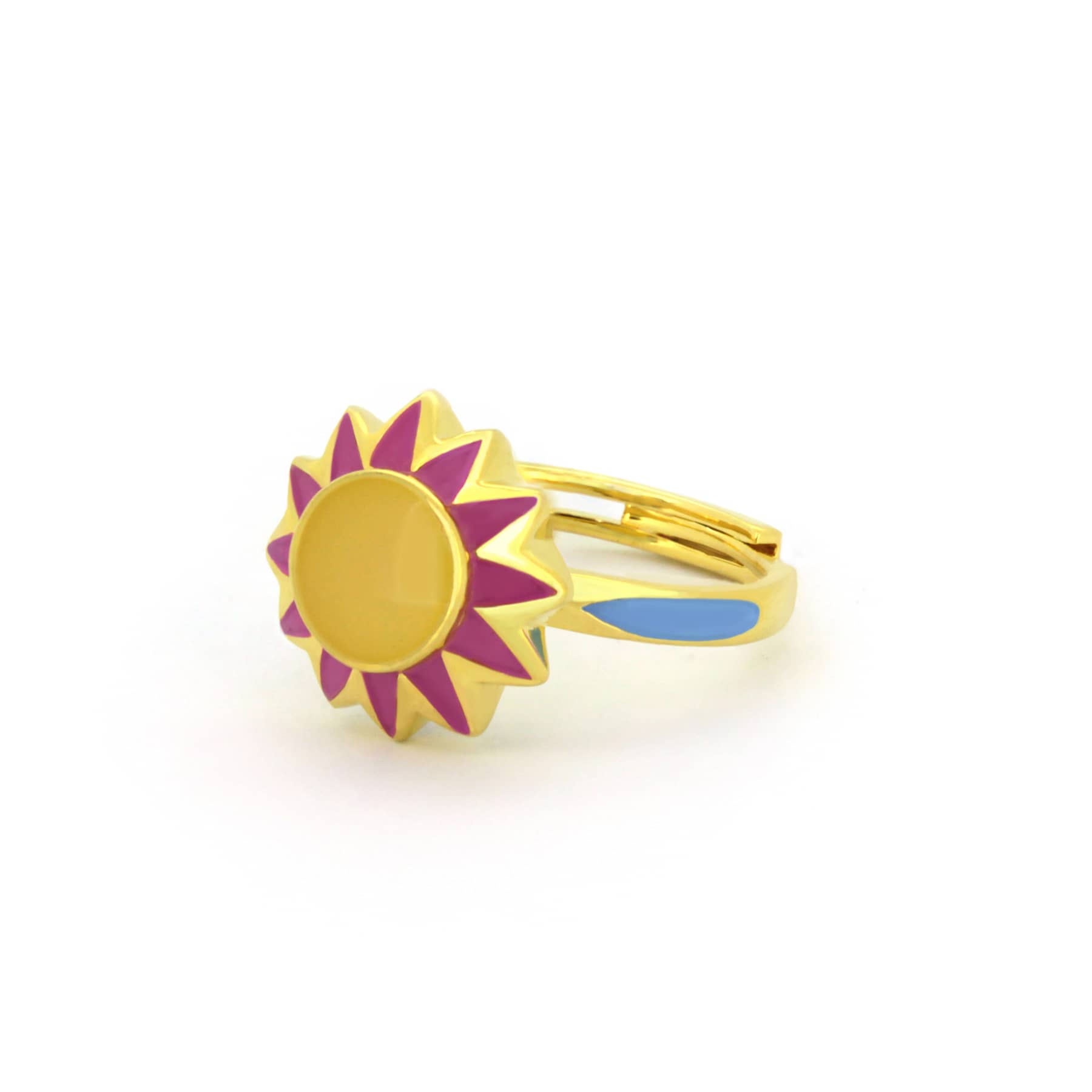 Bright, summer-inspired ring shaped like flowers with yellow, pink, and blue accents.