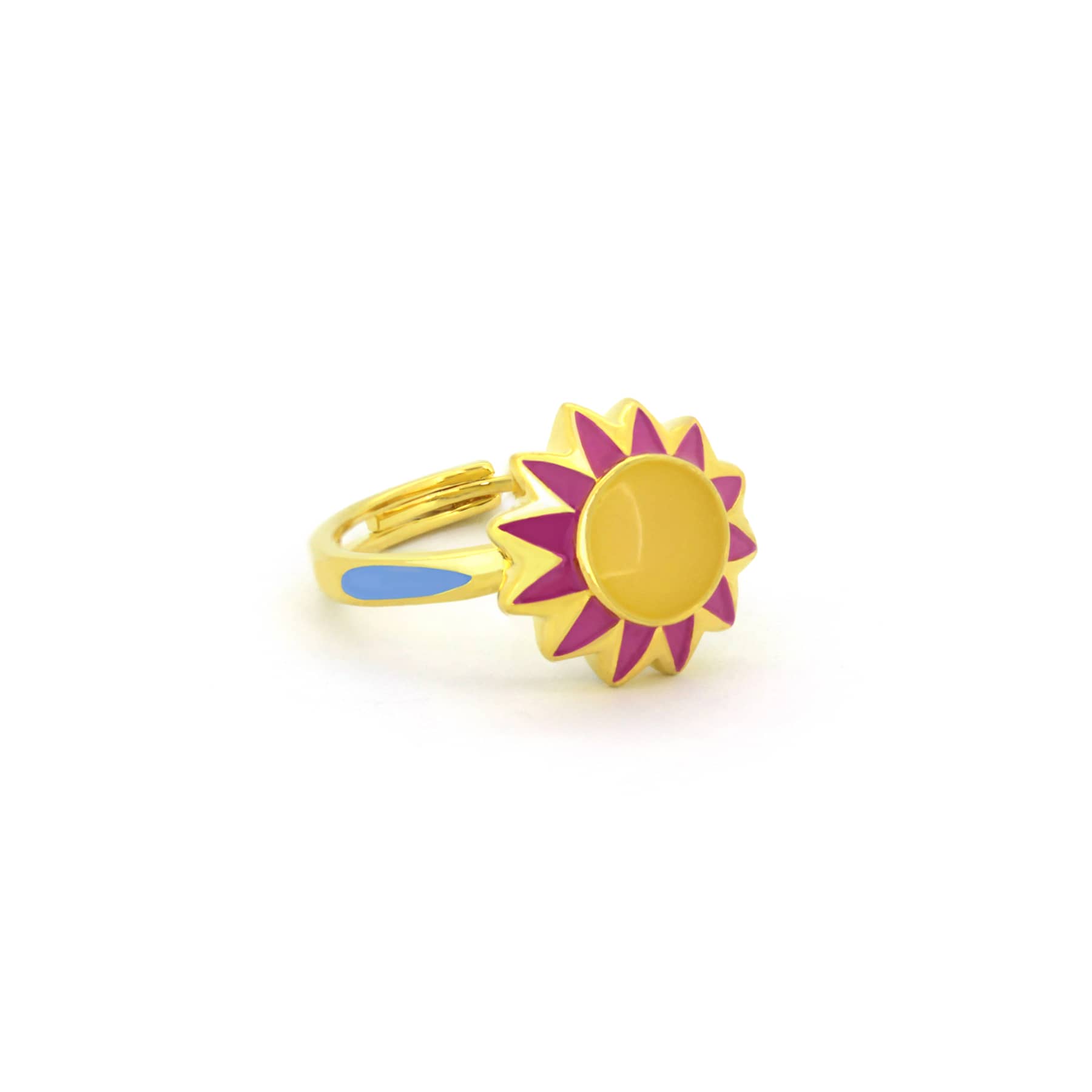 Colorful ring shaped like flowers with yellow, pink, and blue accents, perfect for summer outfit.