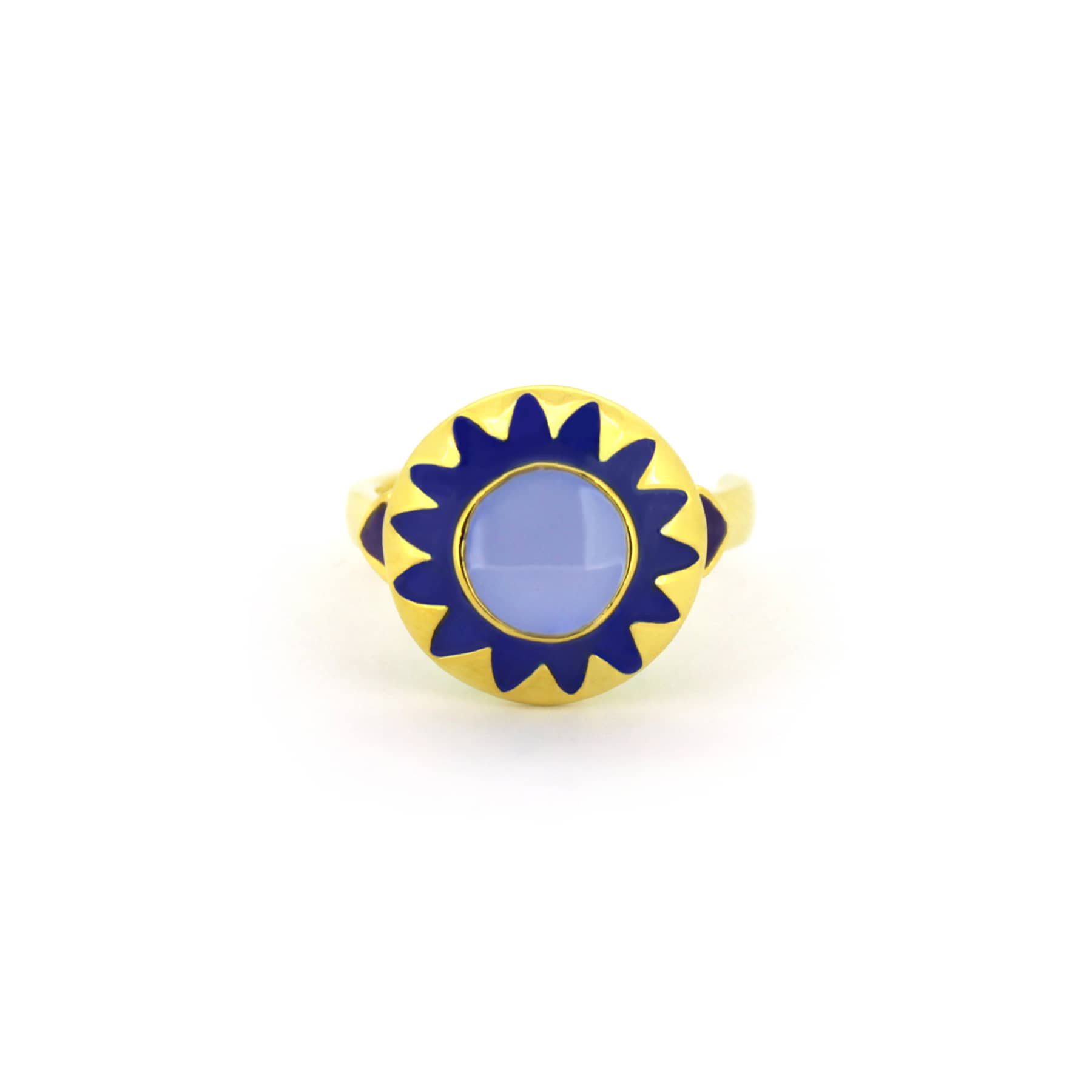 Unique gold ring with lavender and blue accents, inspired by winter.