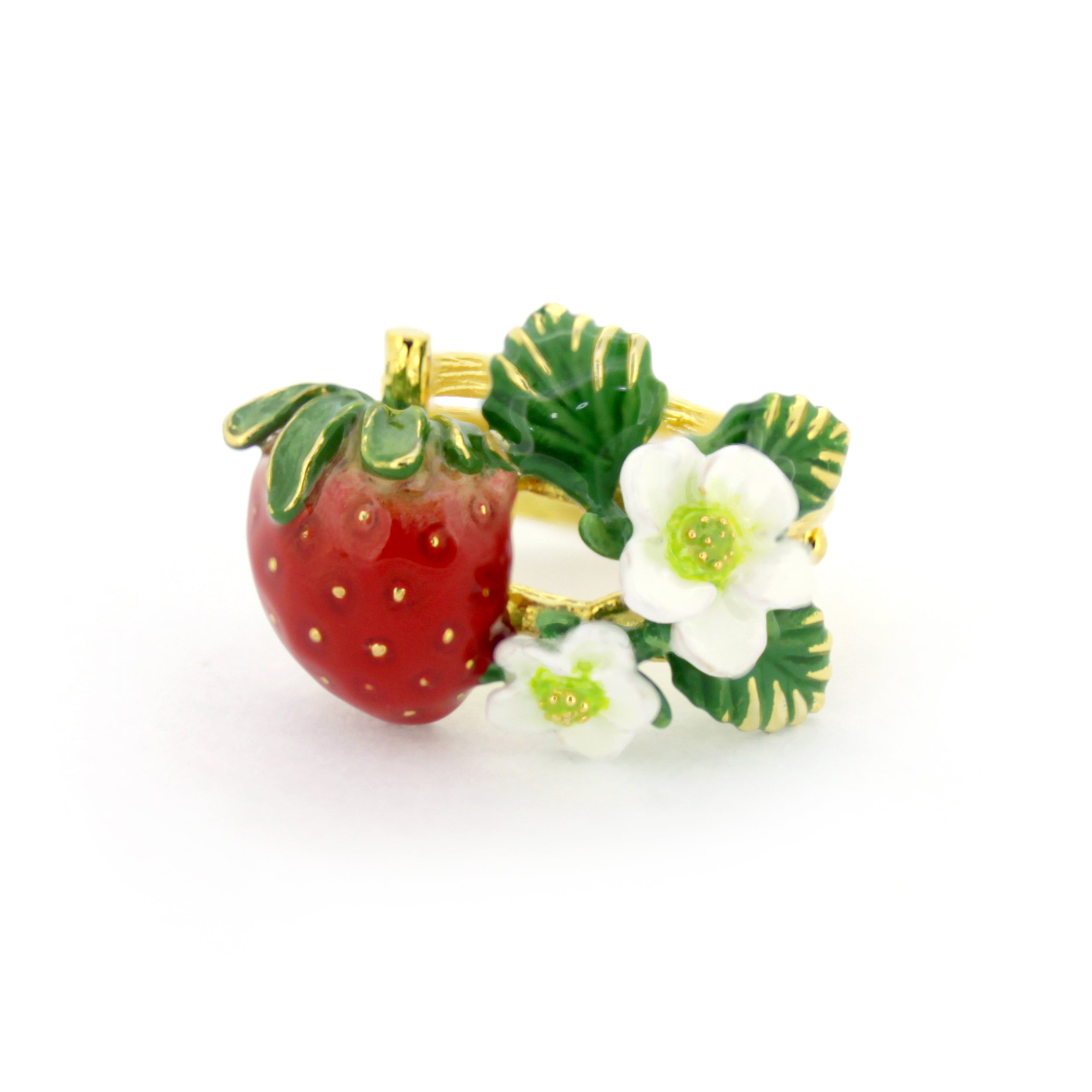 Gold ring featuring bright red strawberries and delicate white flowers with green leaves.