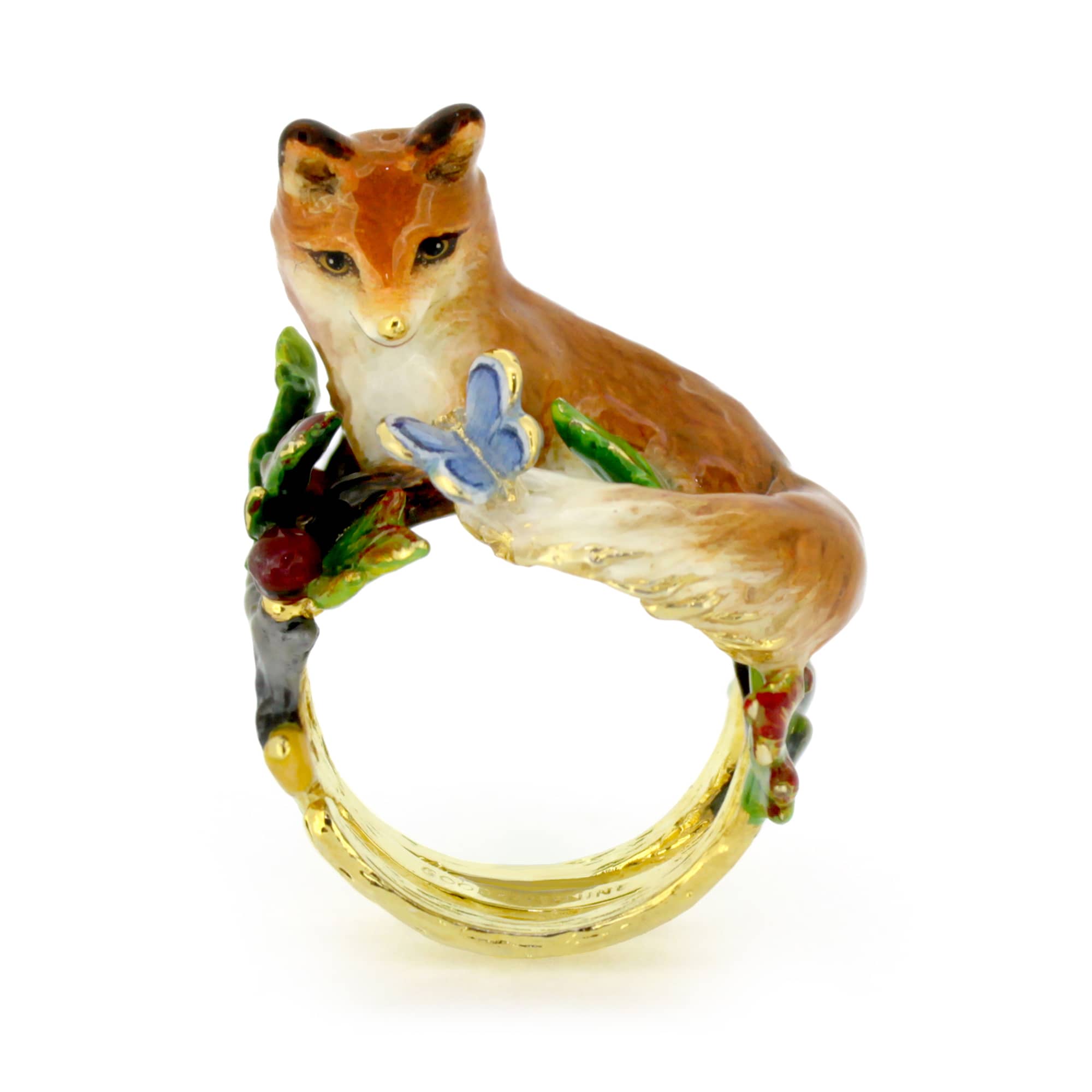 A beautifully crafted gold ring featuring a fox and a butterfly, adorned with colorful enamel details.