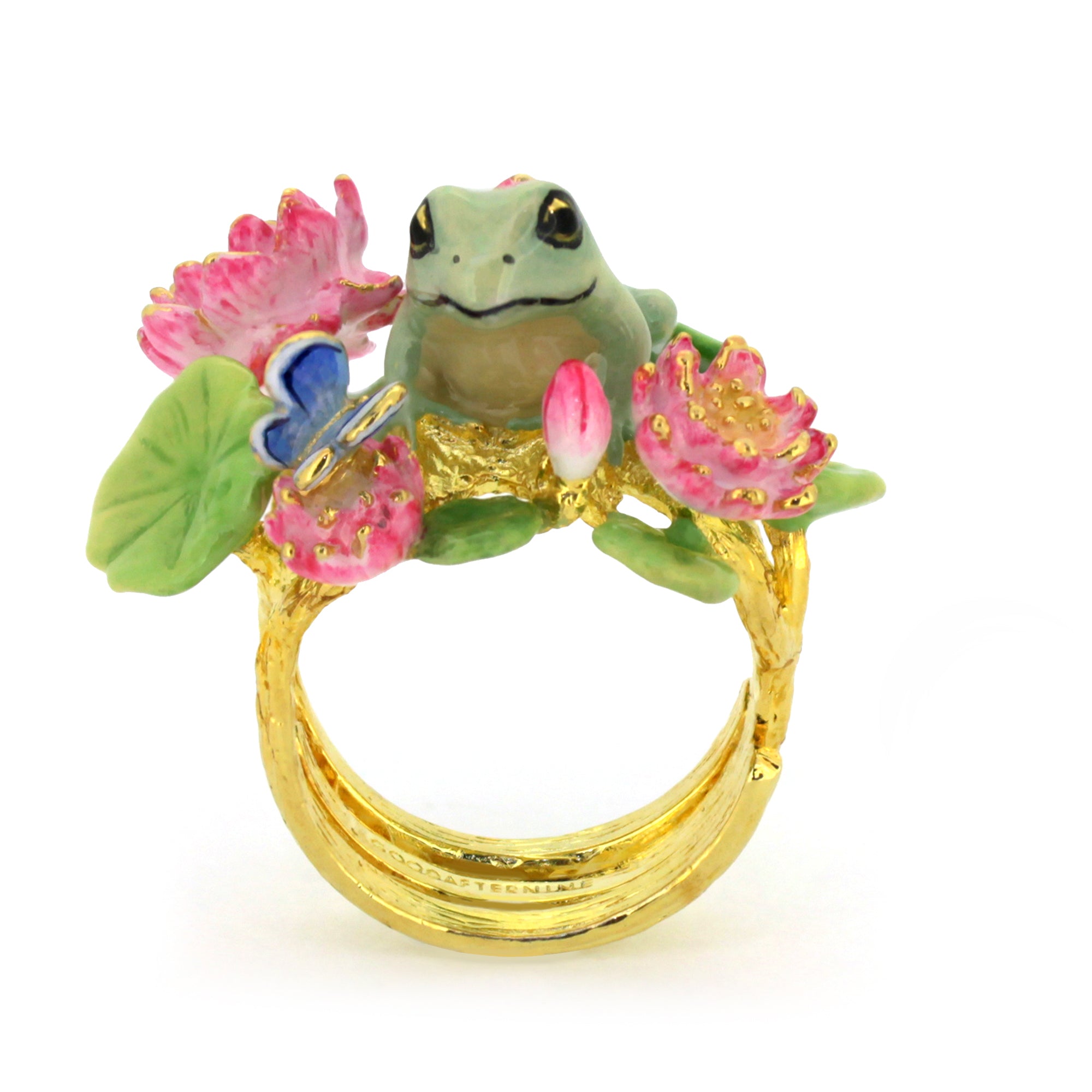 Artistic gold ring with a detailed frog and vibrant floral design.