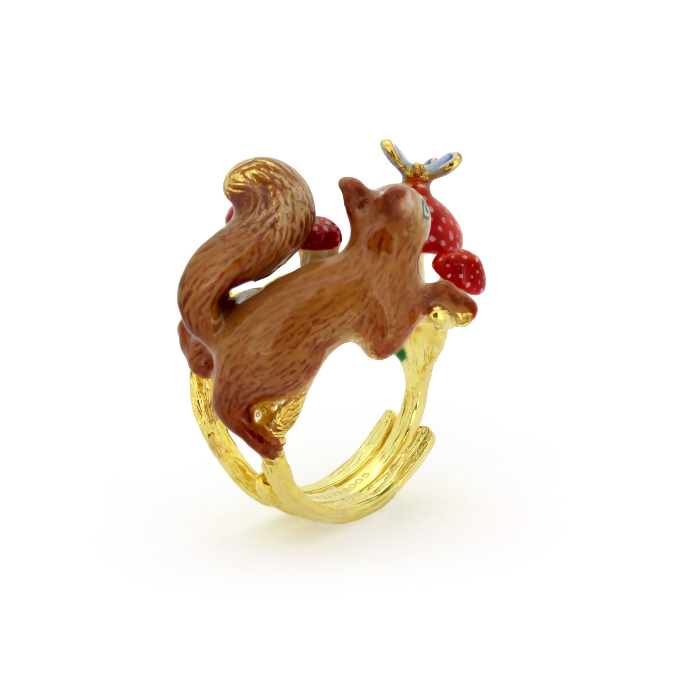 Handcrafted ring designed with a detailed squirrel perched near red mushrooms and a blue butterfly