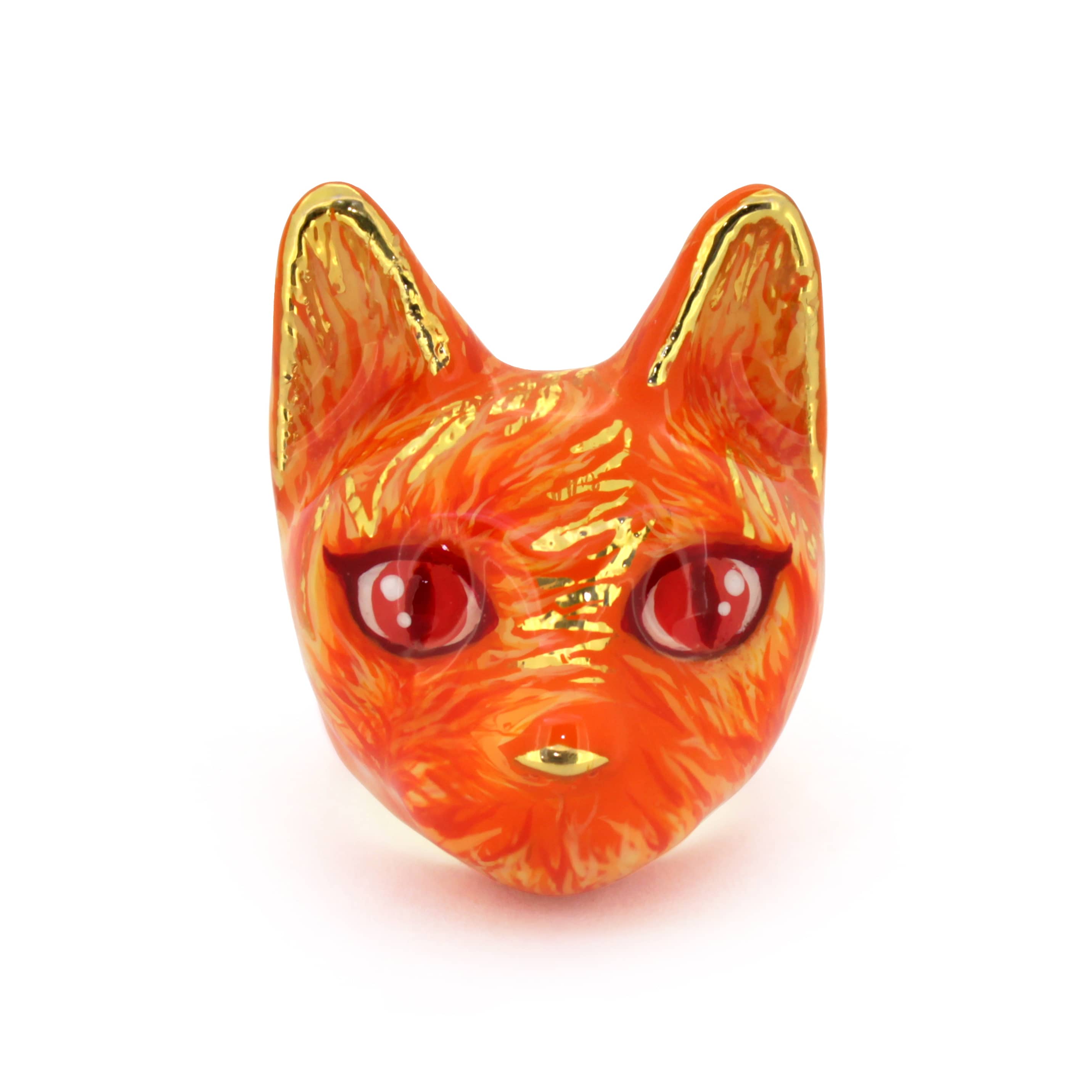 Playful cat ring, featuring bright orange and red colors with fiery details.
