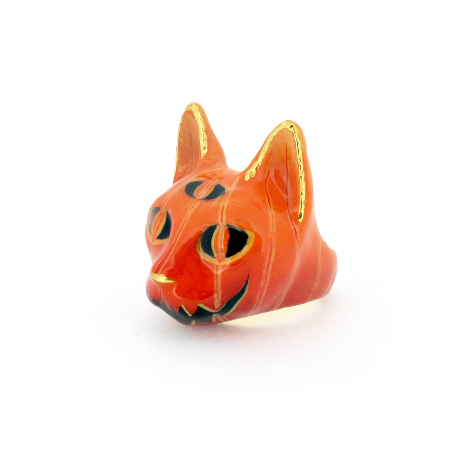 Orange cat head ring with pumpkin details, featuring Halloween-themed