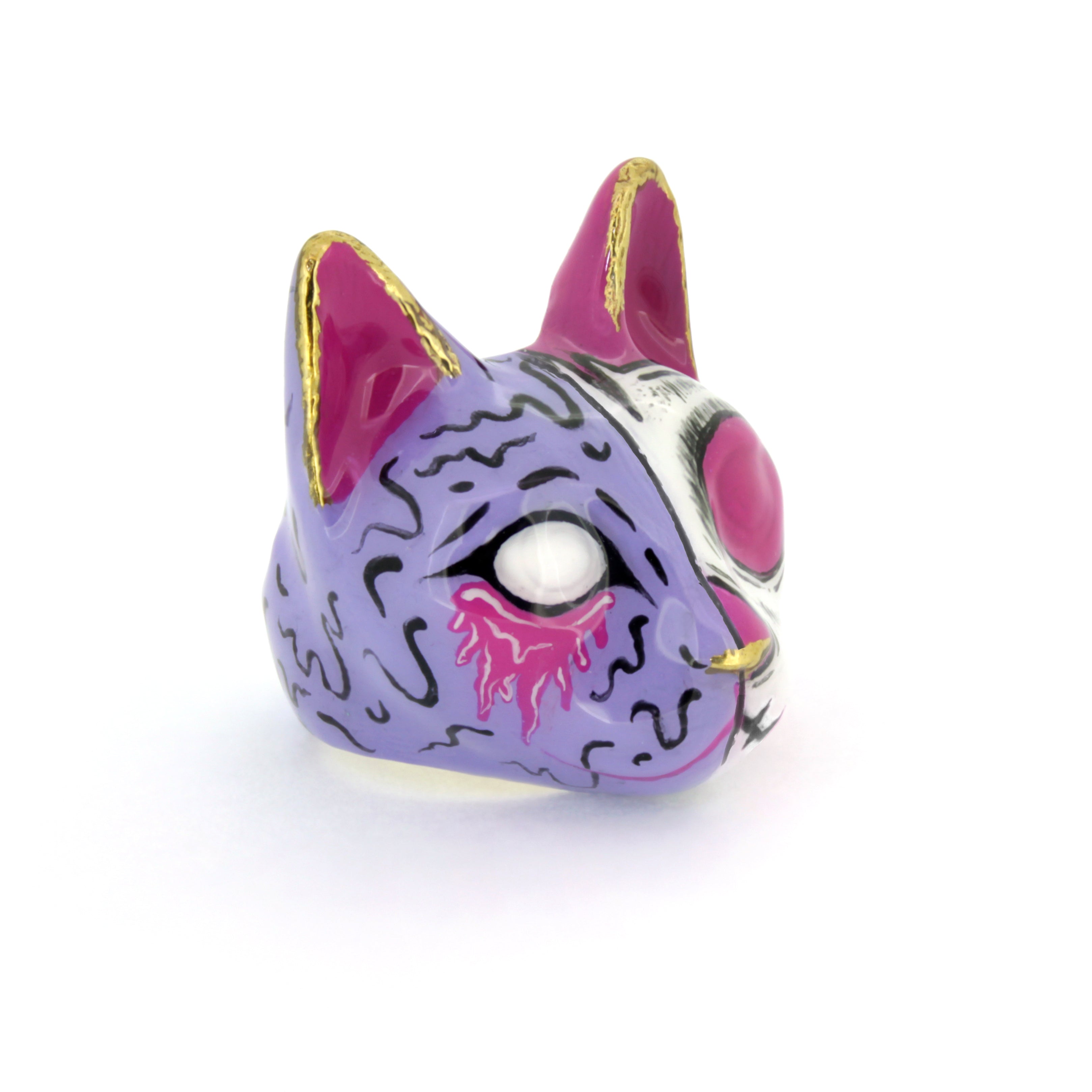 Unique zombie cat ring with a split design, showcasing a stylized skull and purple colors, perfect for Halloween costumes.