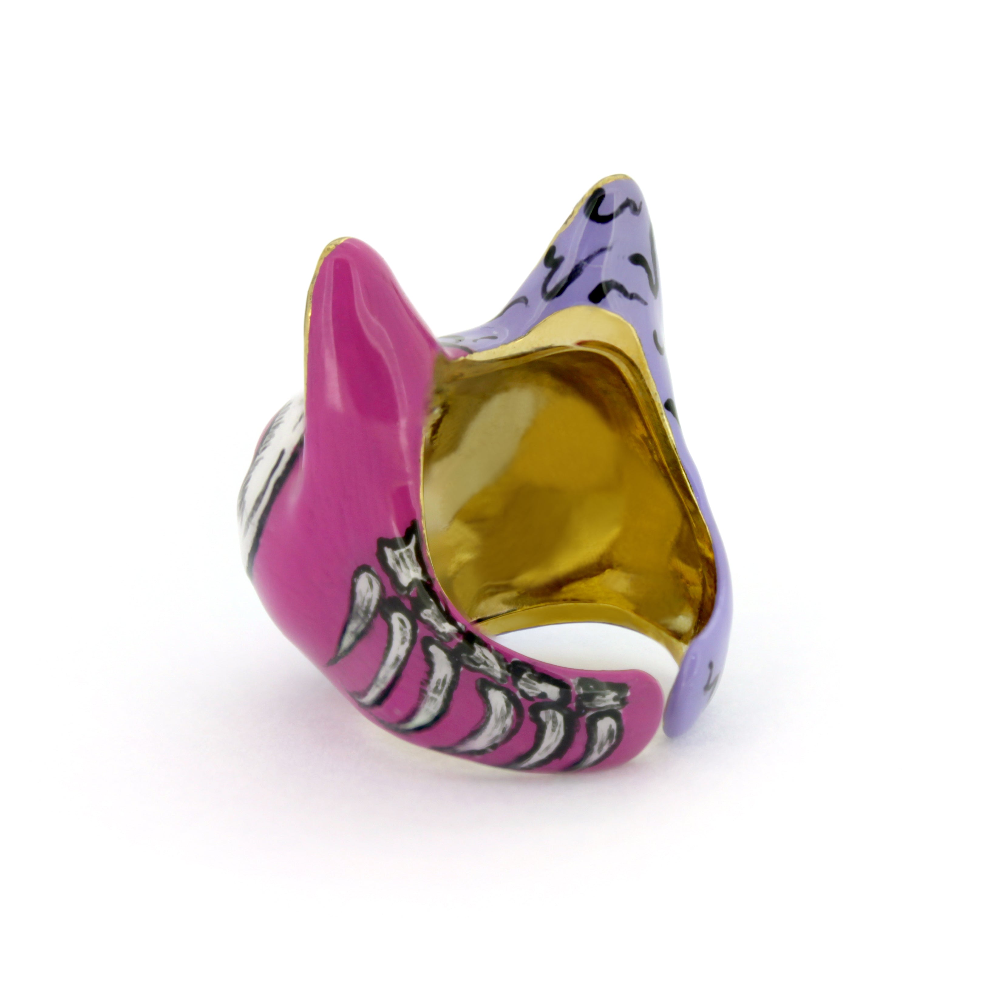 Hand-painted zombie cat ring with a split design, showcasing a stylized skull and purple colors