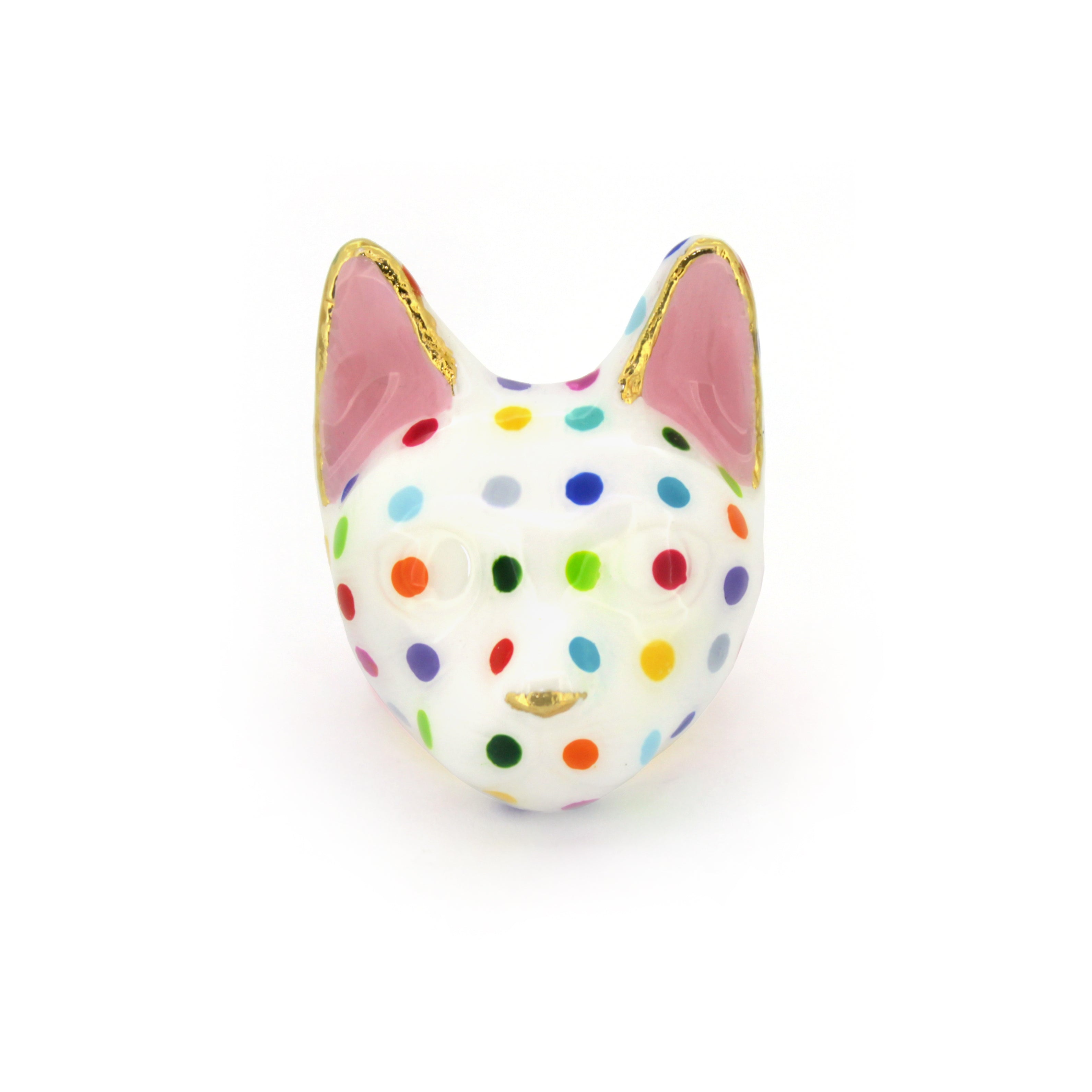 Unique cat ring with a playful design and colorful polka dots, perfect for art collectors.