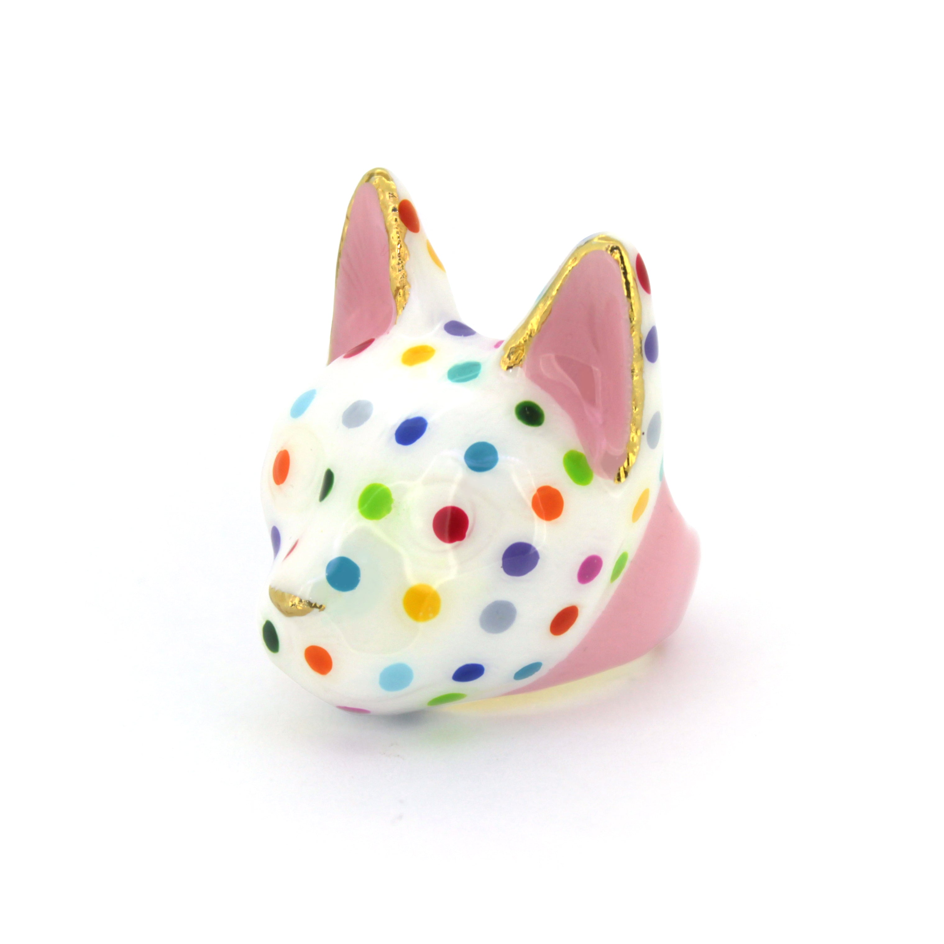 Unique cat ring with a charming design and colorful polka dots.