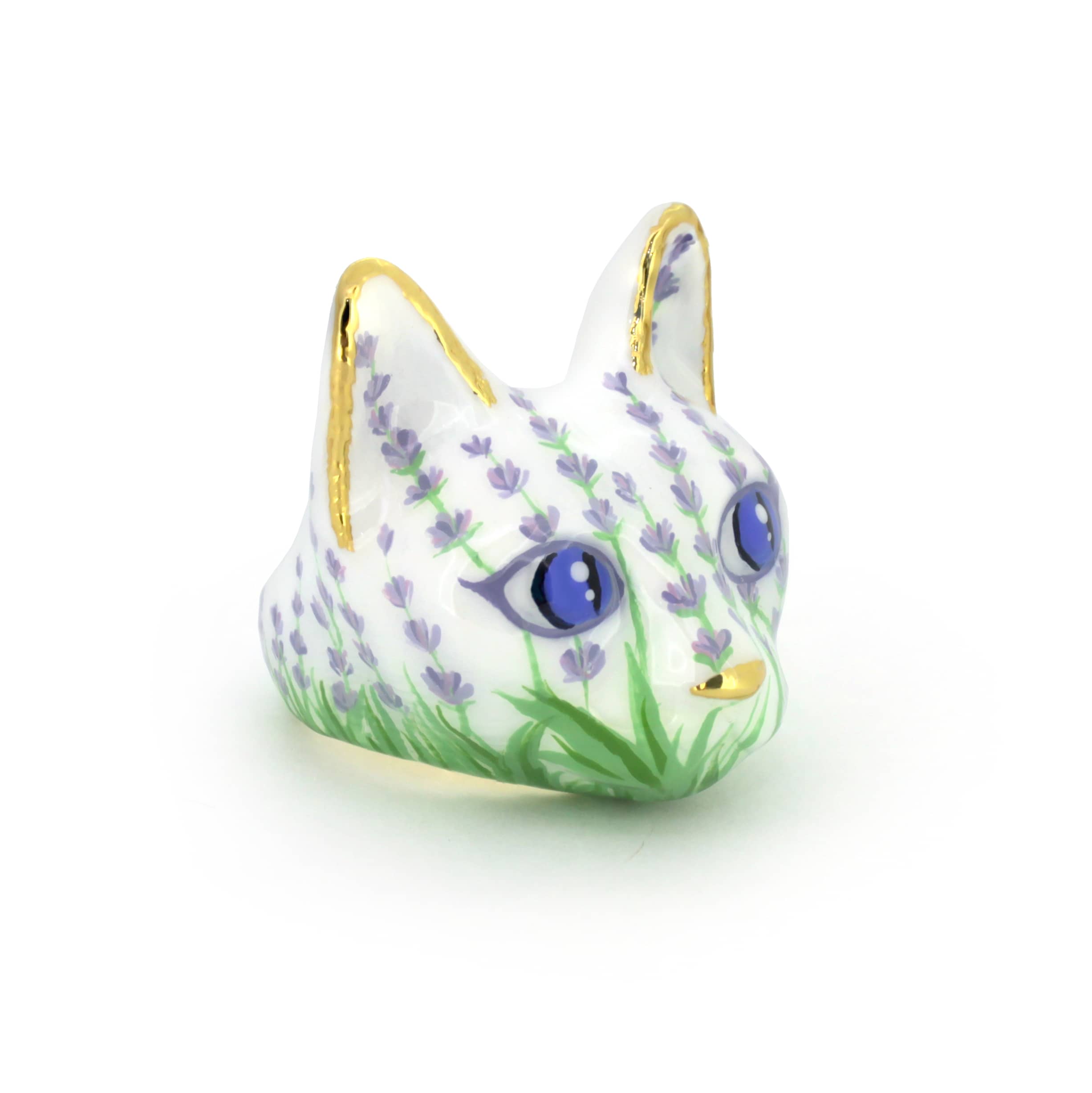 A charming hand-painted cat ring featuring a white base, lavender flowers, and striking blue eyes, ideal for art collectors.