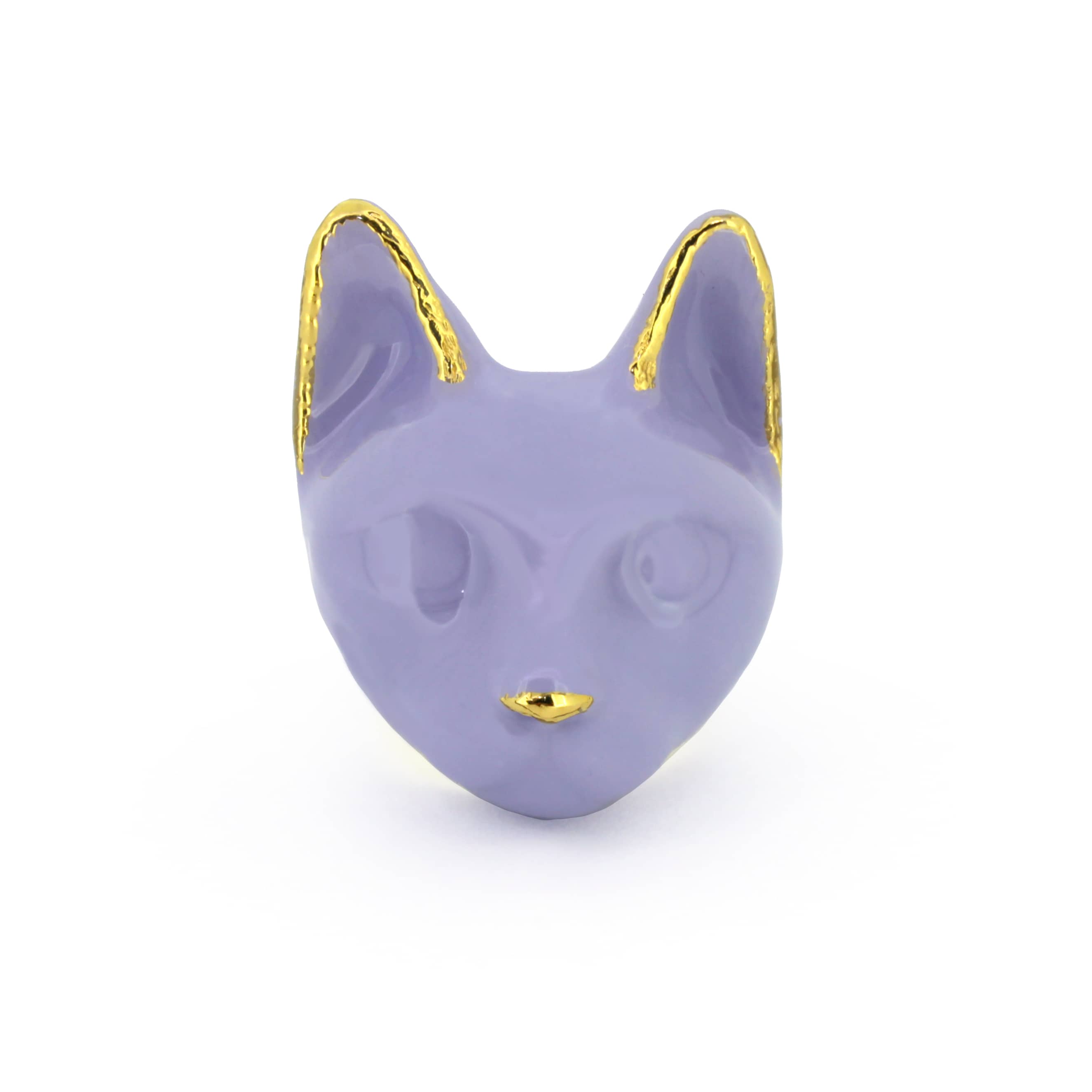 A whimsical ring designed in the shape of a cat’s head, featuring a soft lavender color.