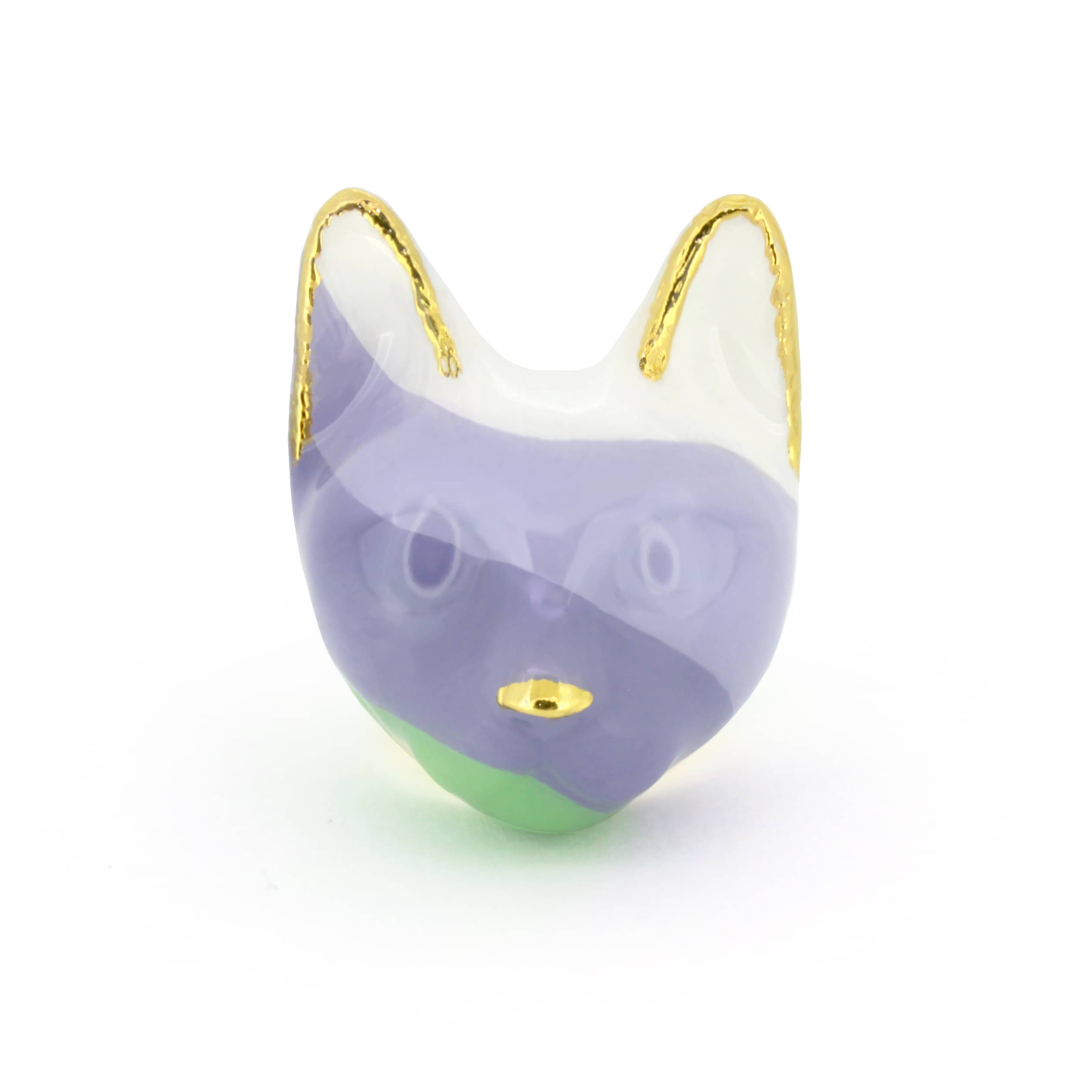 Unique cat ring in lavender, green, and white with golden accents on the ears and a small gold nose.