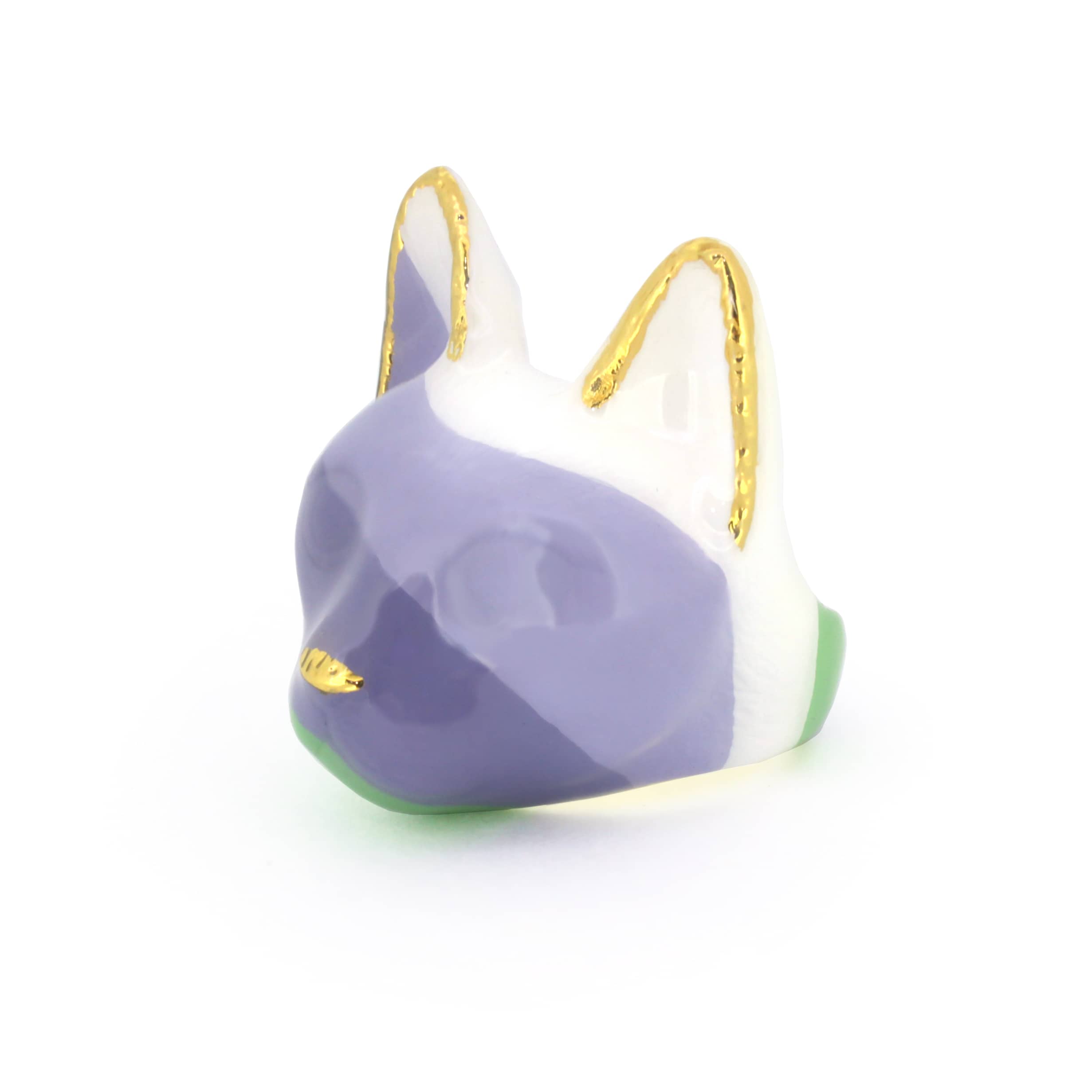 Stylish cat ring in lavender, green, and white with golden accents on the ears and a small gold nose, perfect for cat lovers.