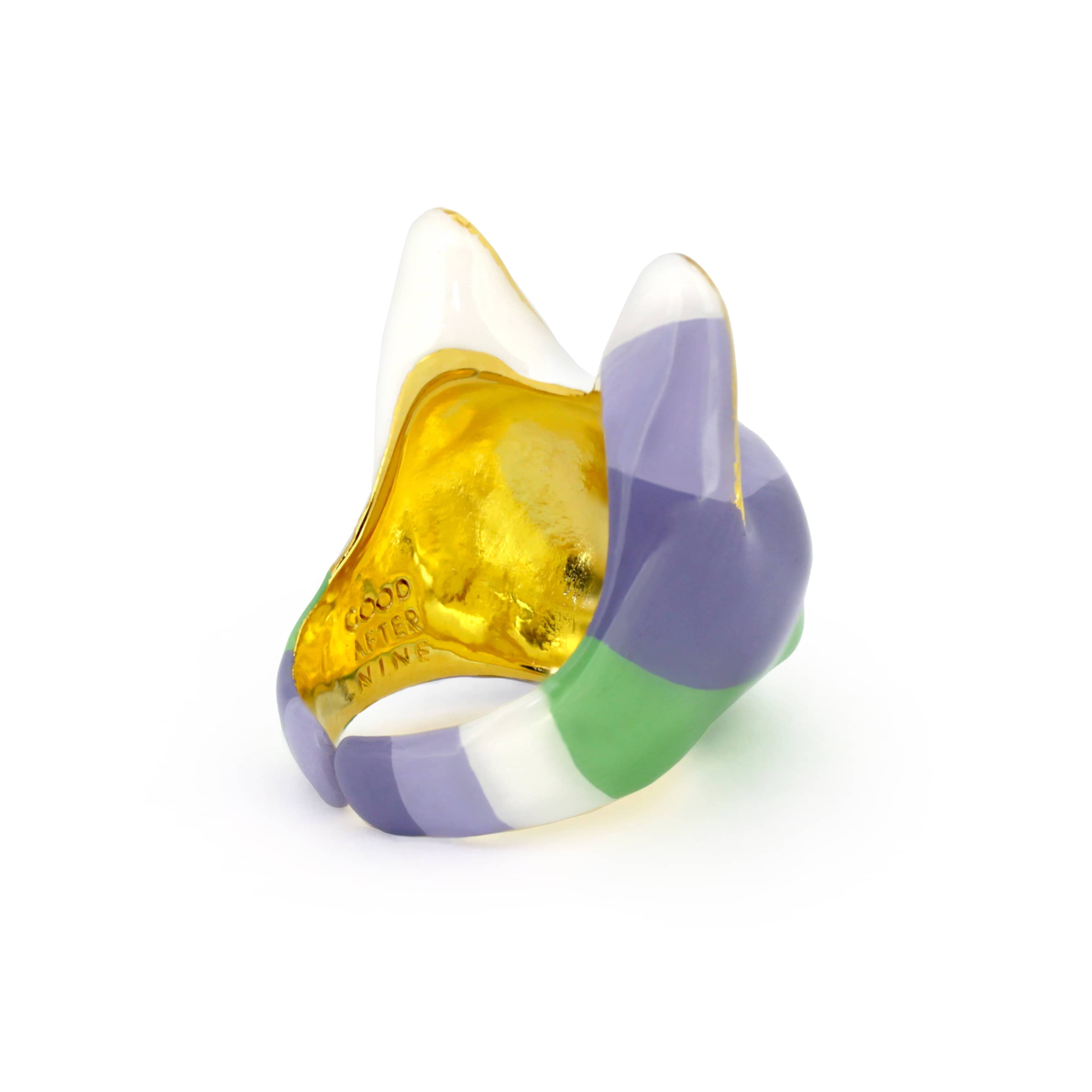 Colorful cat ring in lavender, green, and white with golden accents on the ears and a small gold nose.