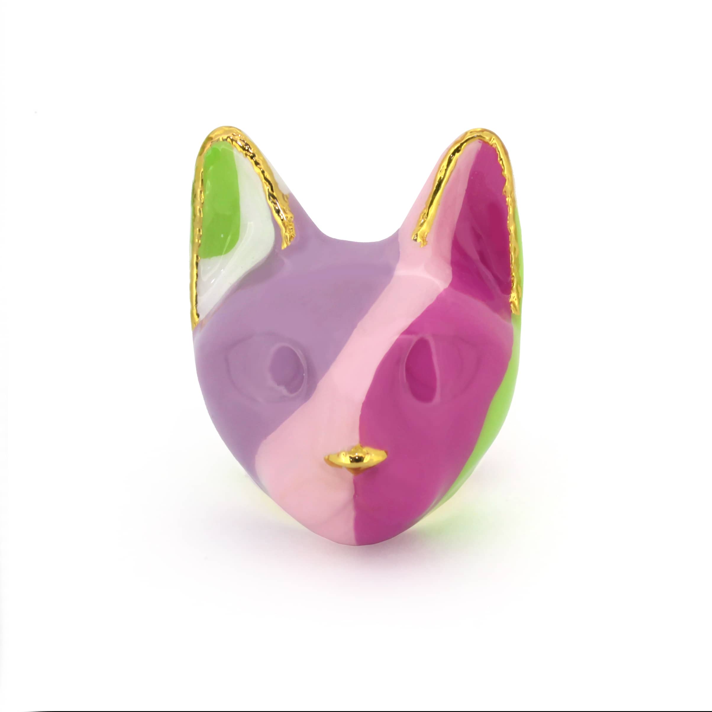 Nature-inspired cat's head ring with geometric shapes in purple, pink, green, and white, accented by gold edges.