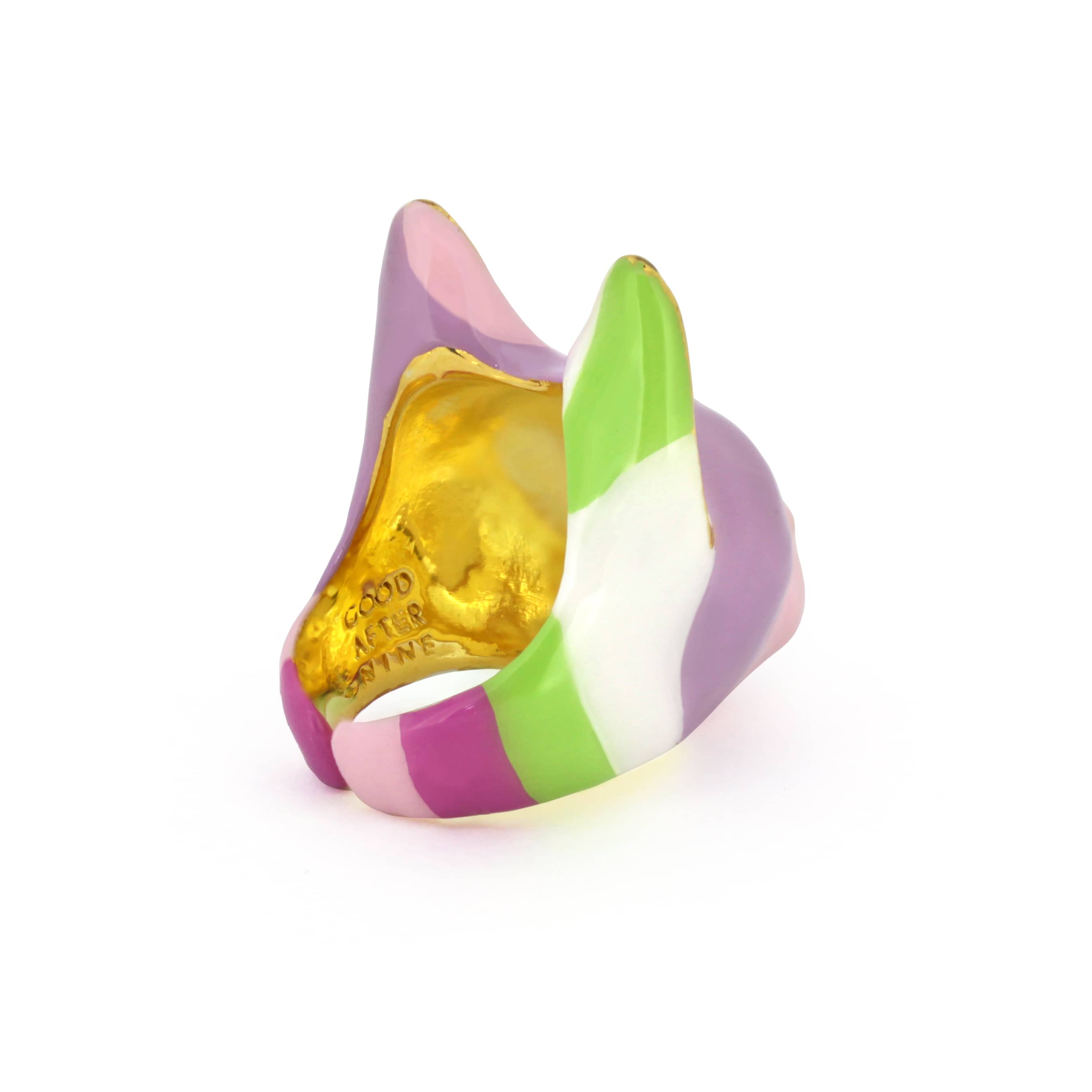 A colorful cat's head ring with geometric shapes in purple, pink, green, and white, perfect for unique jewelry lovers.