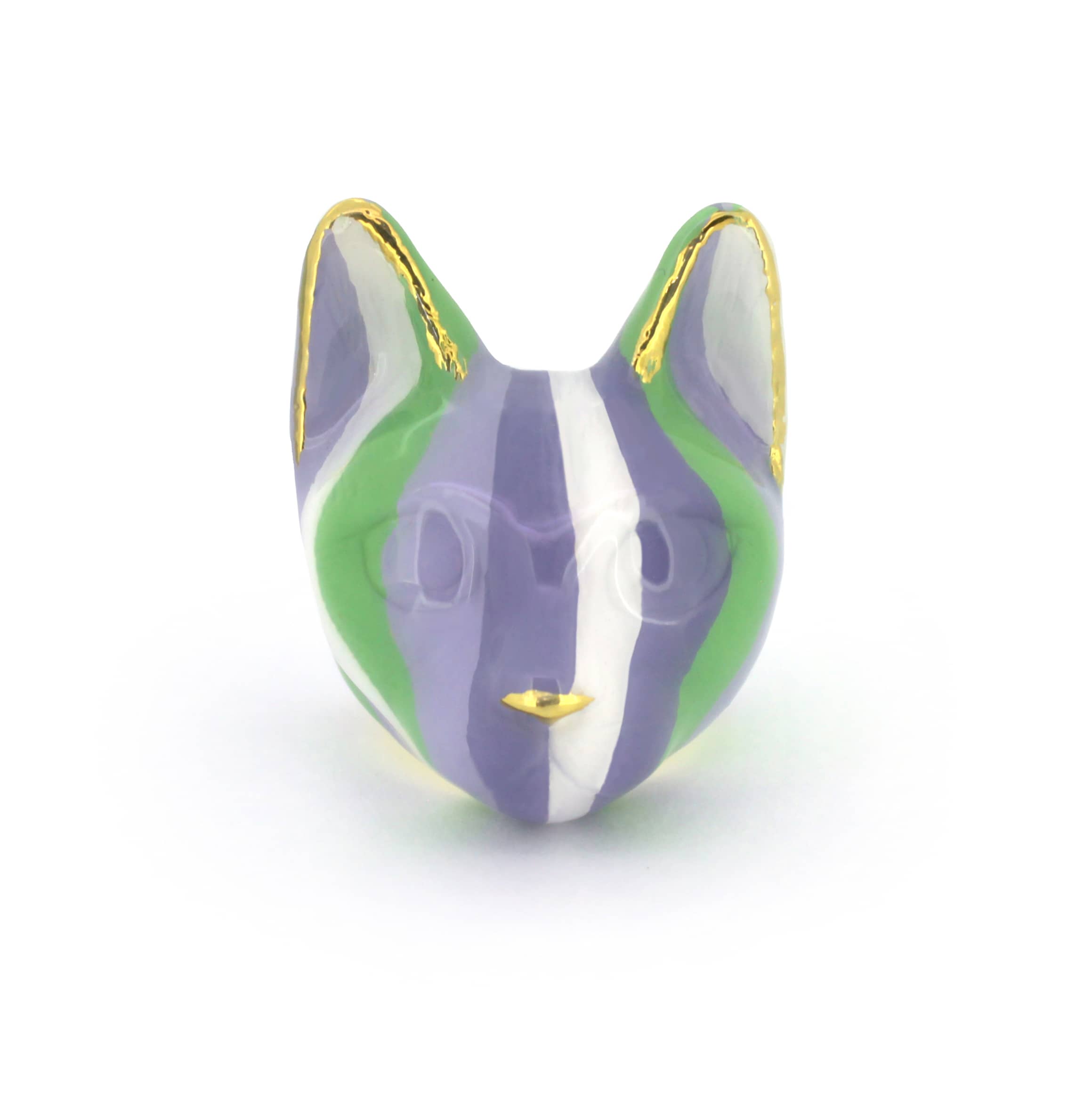Unique cat ring designed in lavender tones, showcasing stripes of green and purple.