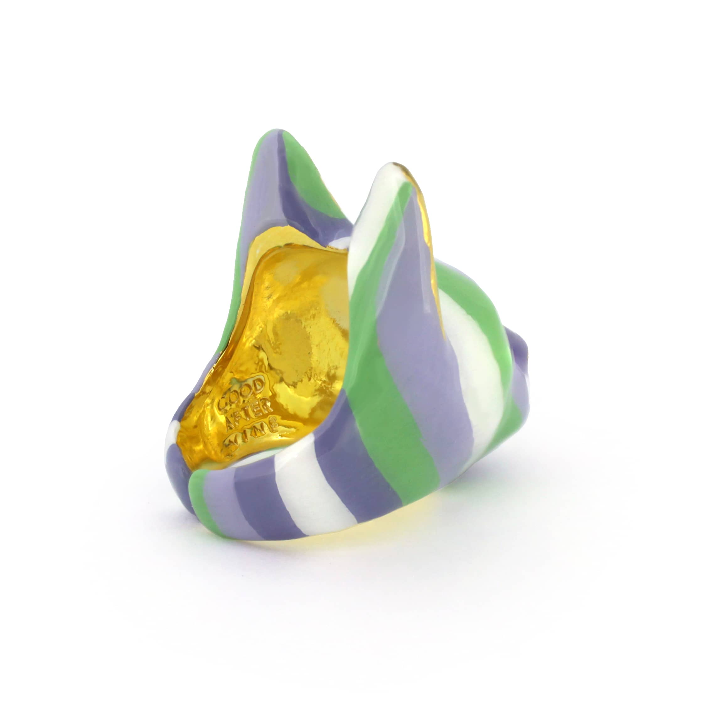 Cat ring designed in lavender tones, showcasing stripes of green and purple.